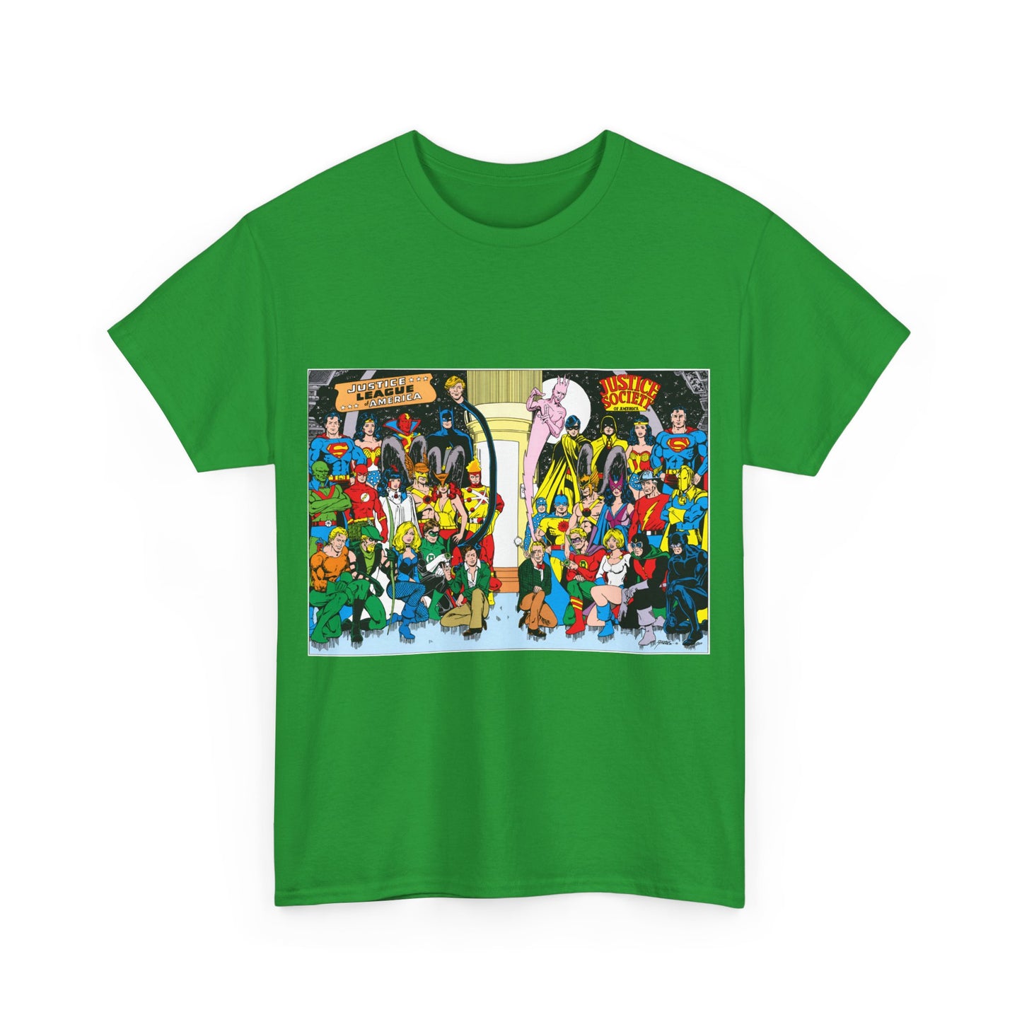 JLA & JSA T-Shirt - George Perez Art - Justice League, Society Team-up - Batman, Wildcat, Dr Fate, Hourman, Firestorm, Superman