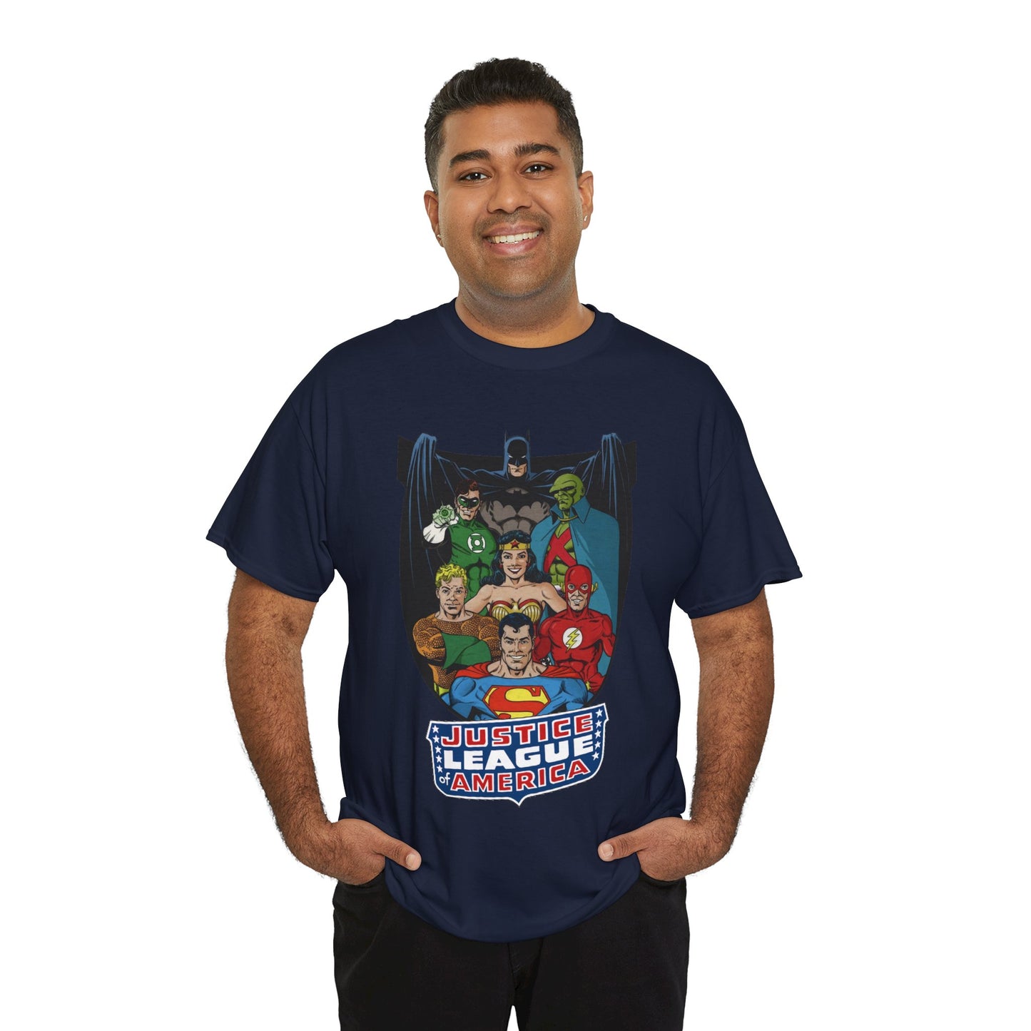 Justice League of America T-Shirt - George Perez Art - Superman, Wonder Woman, Batman, Aquaman, Martian Manhunter, Flash, Green Lantern - DC Comics