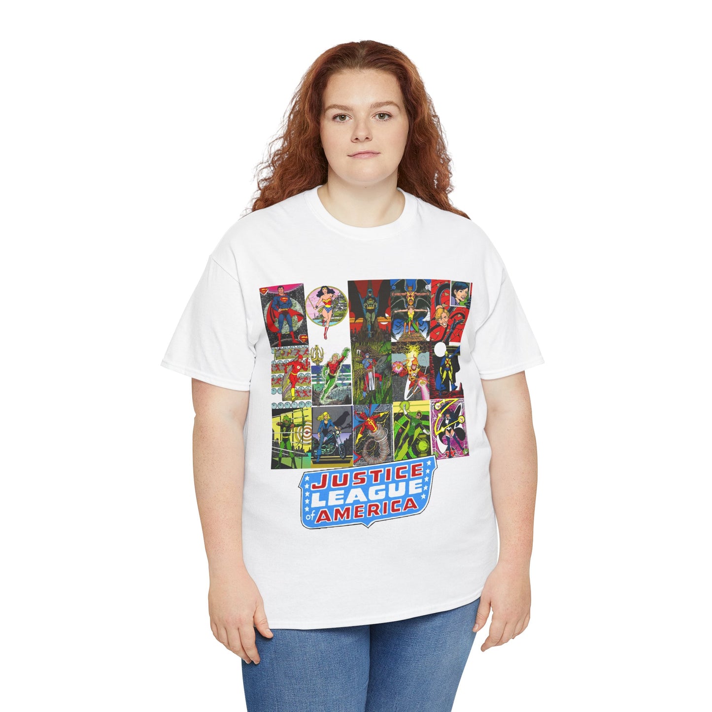 JLA Postcard T-Shirt - George Perez Art - Zatanna, Green Lantern, Flash, Batman, Hawkman, Wonder Woman, Firestorm - Justice League of America - DC Comics