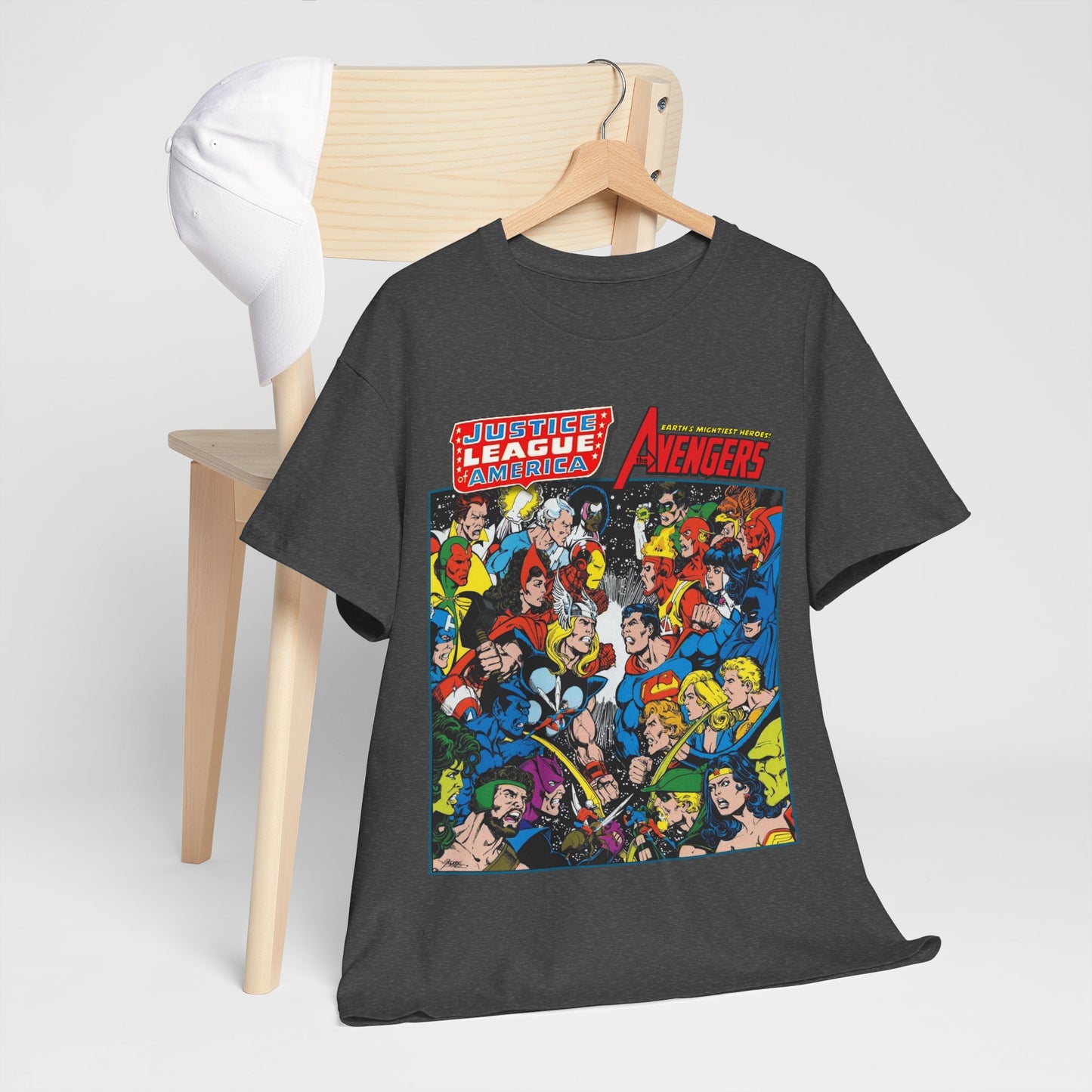 Justice League/Avengers T-Shirt - DC & Marvel Comics Art - George Perez - JLA - Batman, Captain America, Iron Man, Green Lantern