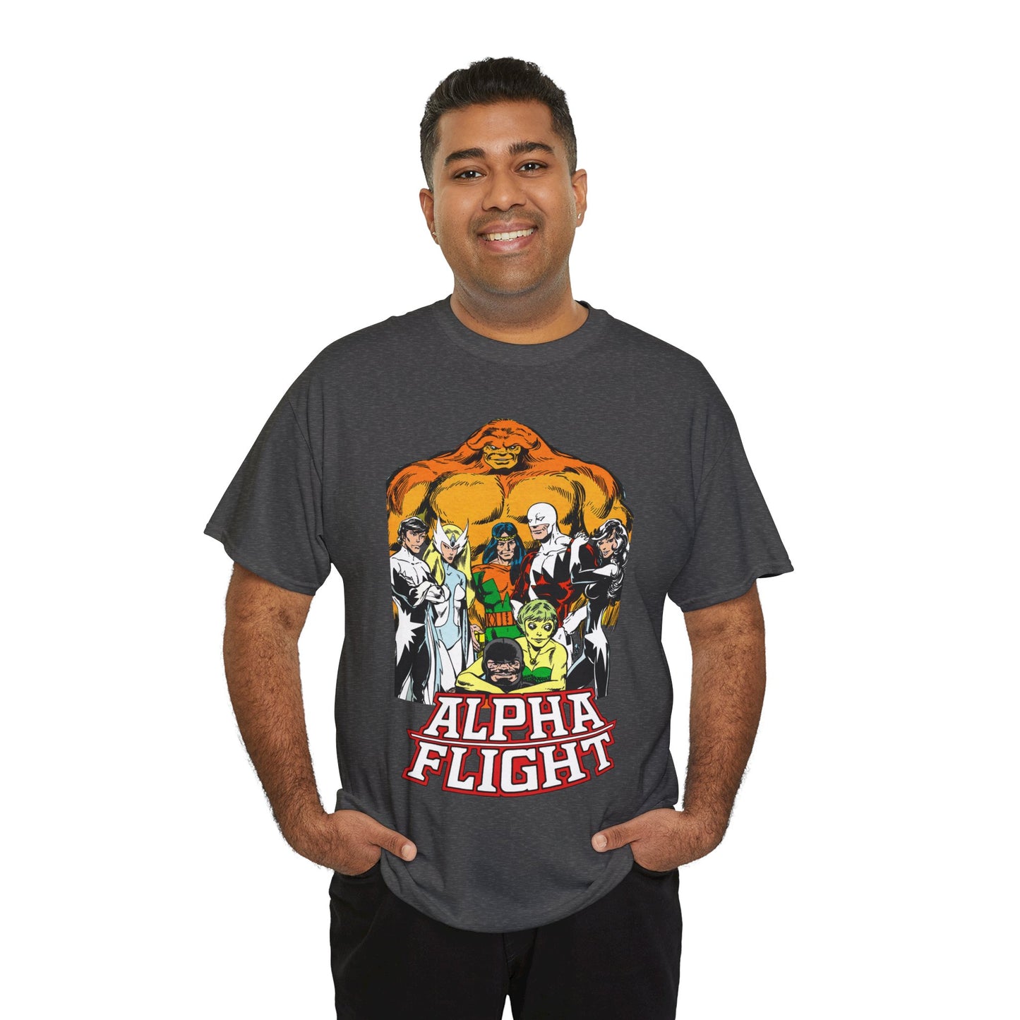 Alpha Flight T-Shirt - John Byrne Art - Northstar, Aurora, Guardian, Puck, Snowbird, Shaman, Sasquatch - Canada's Superhero Team - X-Men Connection - Marvel Comics