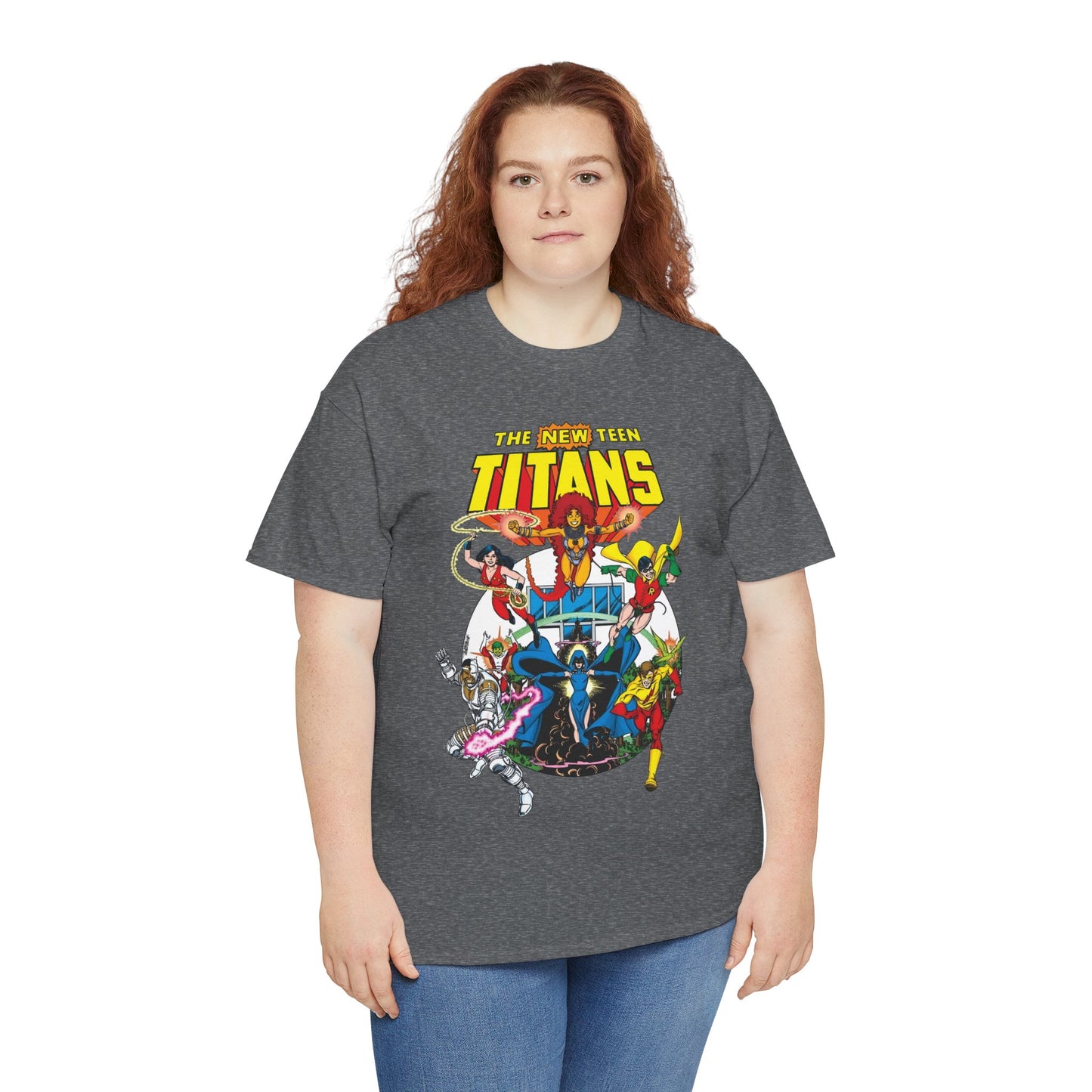 New Teen Titans T-Shirt - Classic George Perez Art - Cyborg, Raven, Starfire, Robin, Wonder Girl, Changeling, Kid Flash - Titans Tower - Popular DC Comics 1980s Series