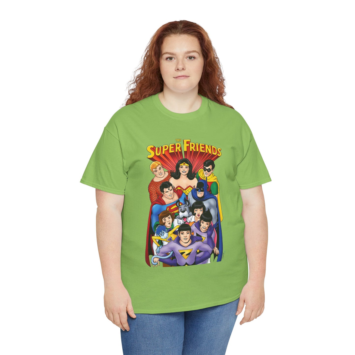 Super Friends T-Shirt - Kevin Maguire Art - Wonder Twins, Gleek, Superman, Wonder Woman Batman - DC Comics - Based on 1970s Hanna-Barbera Cartoon