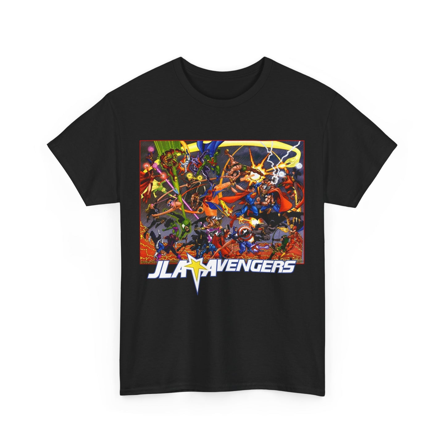 Avengers Vs JLA T-Shirt - Stunning George Perez Art - Marvel & DC Comics Crossover - Thor, Superman, Wonder Woman, Hercules, Iron Man, Batman, Black Canary, Scarlet Witch, Wonder Man, Martian Manhunter