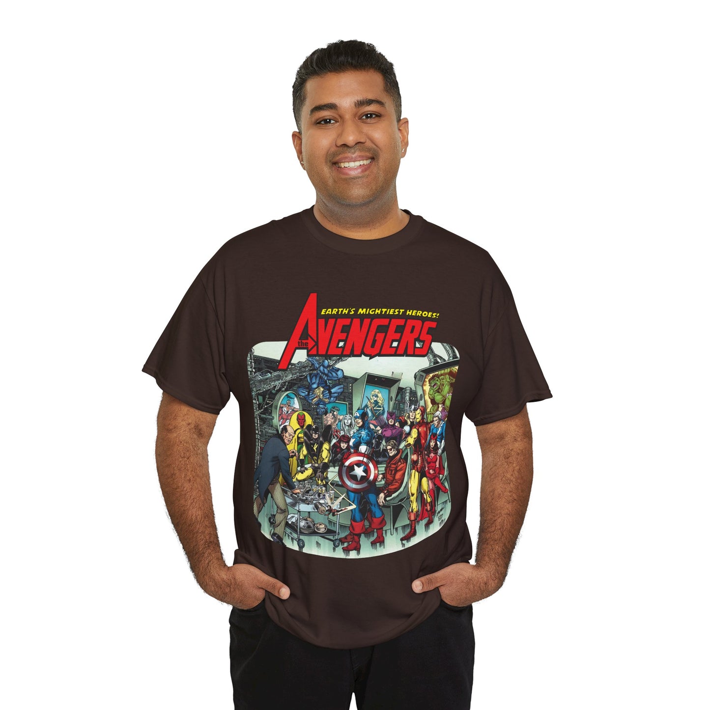 Classic Avengers T-Shirt - George Perez Art - Captain America, Hawkeye, Iron Man, Vision, Scarlet Witch, Quicksilver, Jarvis - Marvel Comics