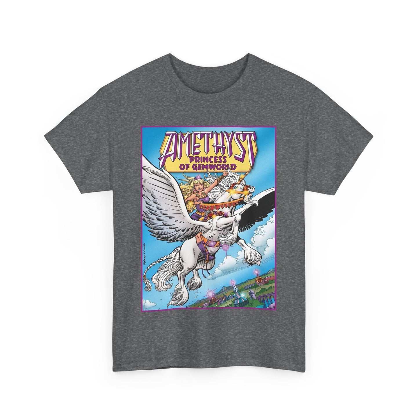 Amethyst Princess of Gemworld T-Shirt - George Perez Art - DC Comics 1980s Series - Riding a Unicorn