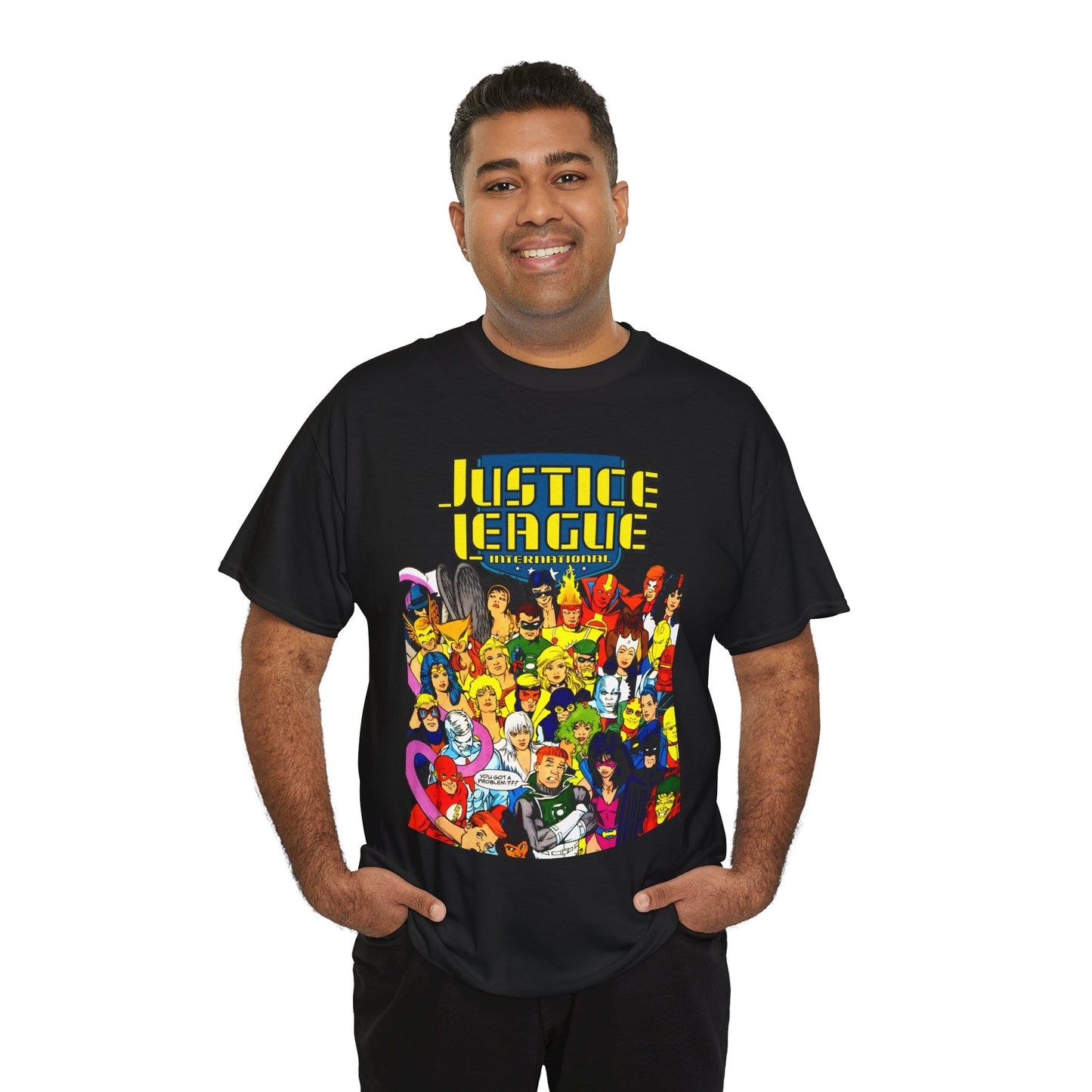 Justice League International T-Shirt - Kevin Maguire DC Comics Sourcebook Art - Booster Gold, Blue Beetle, Batman, Martian Manhunter, Captain Atom, Fire, Ice, Guy Gardner
