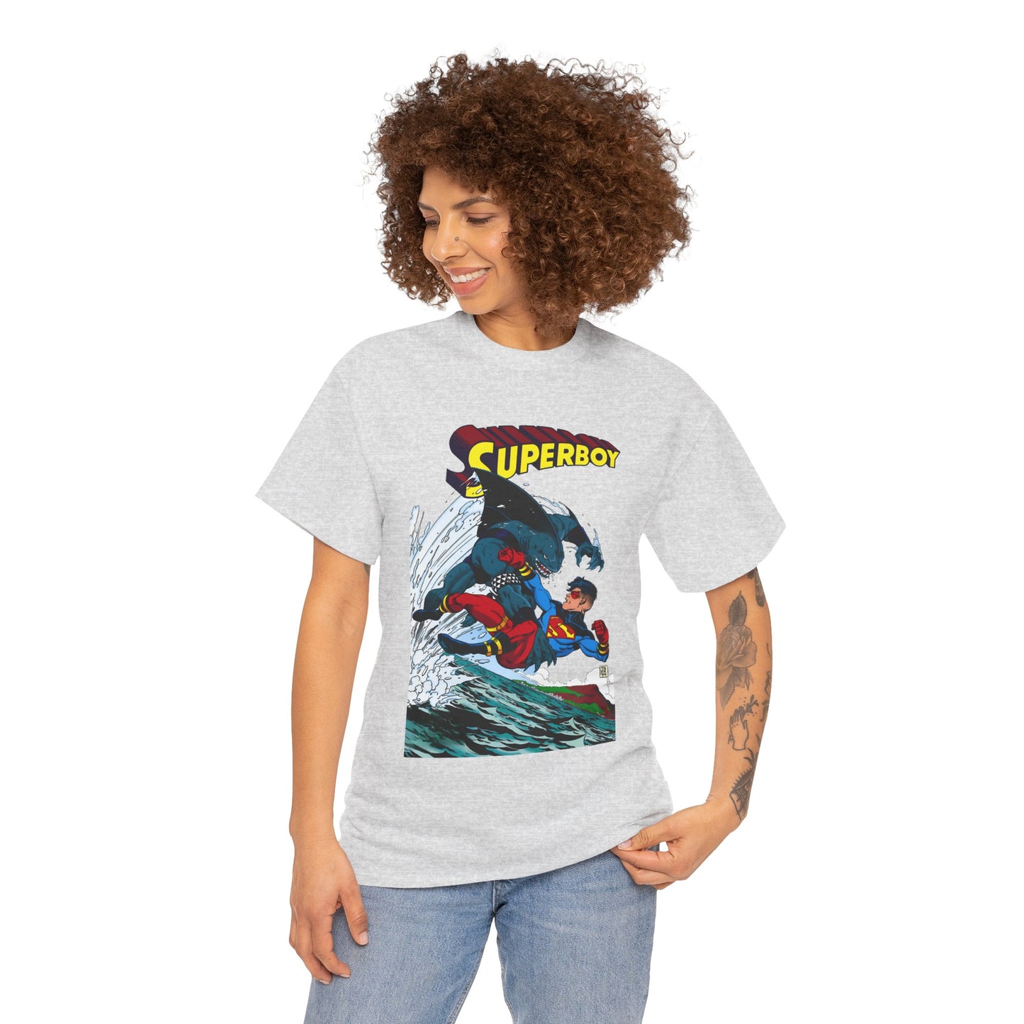 King Shark Vs Superboy T-Shirt - Tom Grummett Art - Connor Kent, Kon-L - Superman Family - DC Comics
