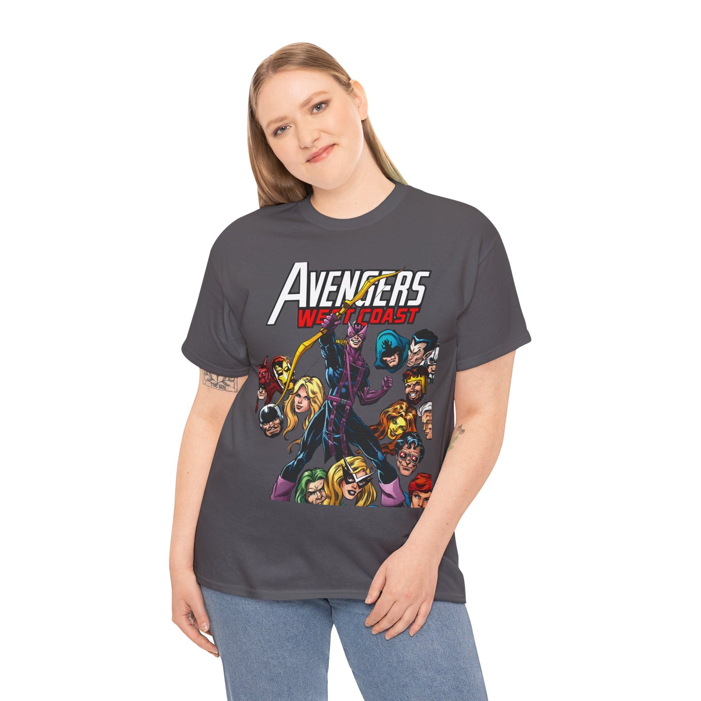 Avengers West Coast T-Shirt - Bob Hall Art - Hawkeye, Iron Man, Wonder Man, Tigra, Mockingbird - Marvel Comics Team