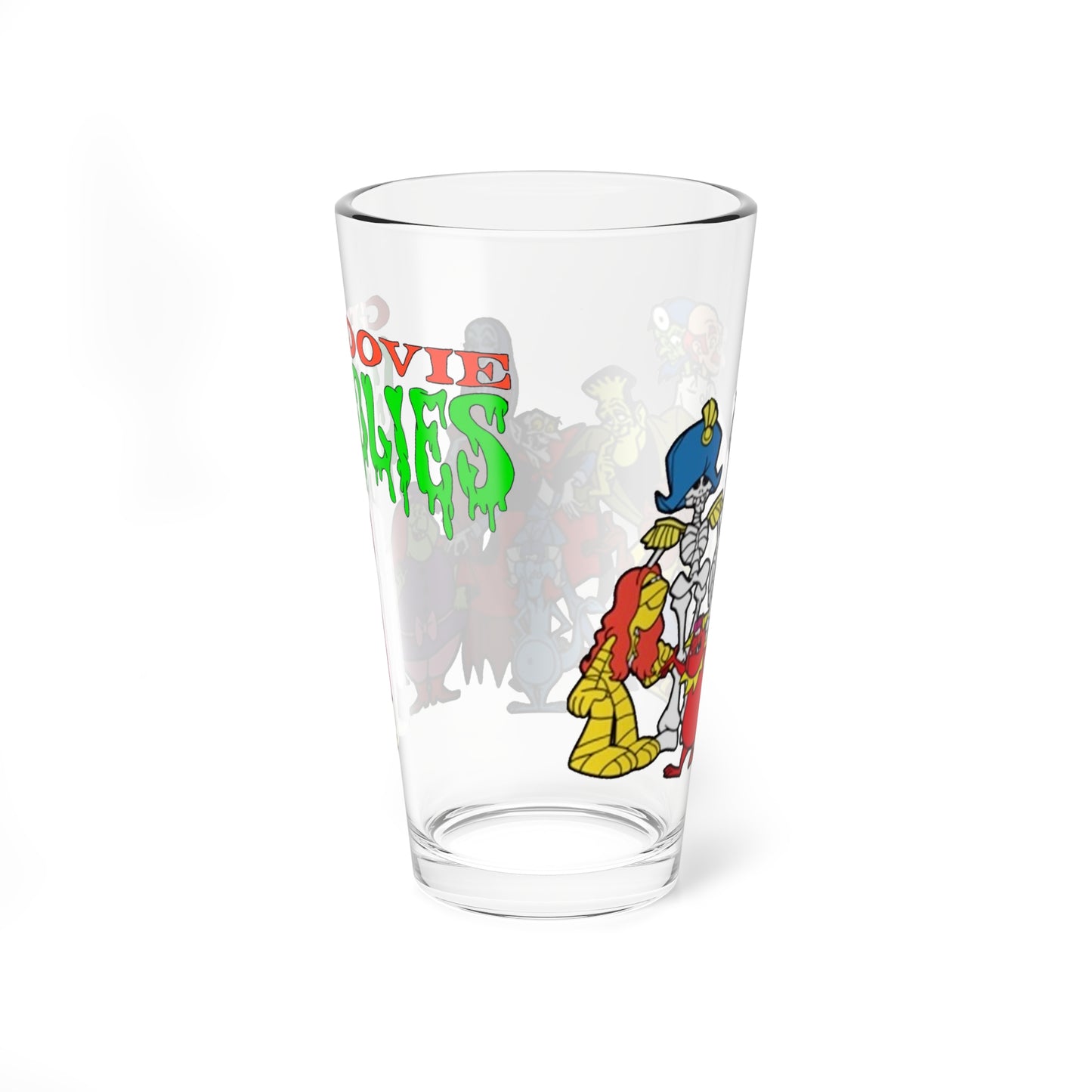 Groovie Goolies Pint Glass, 16oz - The Monster Trio (Drac, Frankie, Wolfie) - Hagatha, Bella La Ghostly, Boneapart, Mummy - Horrible Hall on Horrible Drive - Filmation Cartoon