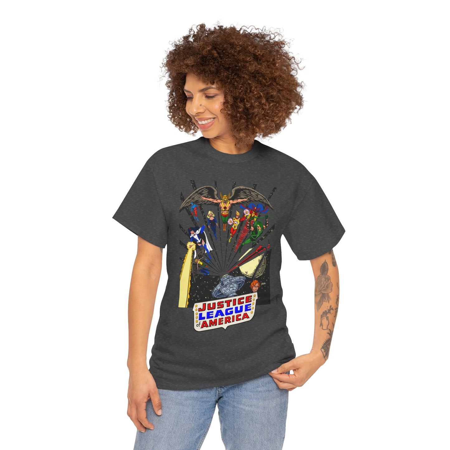 Justice League of America T-Shirt - George Perez Art - Bronze Age Satellite Era - DC Comics - Hawkman, Zatanna, Atom, Firestorm, Elongated Man, Green Arrow