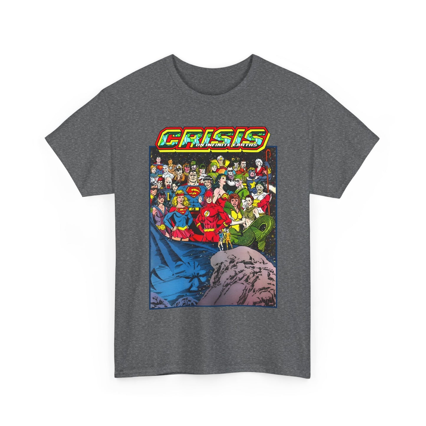Crisis on Infinite Earths T-Shirt - George Perez Art - Supergirl, Flash, Huntress, Starman, Earth 3 Luthor, Lori Lemaris, Aquagirl, Earth 2 Robin - DC Comics