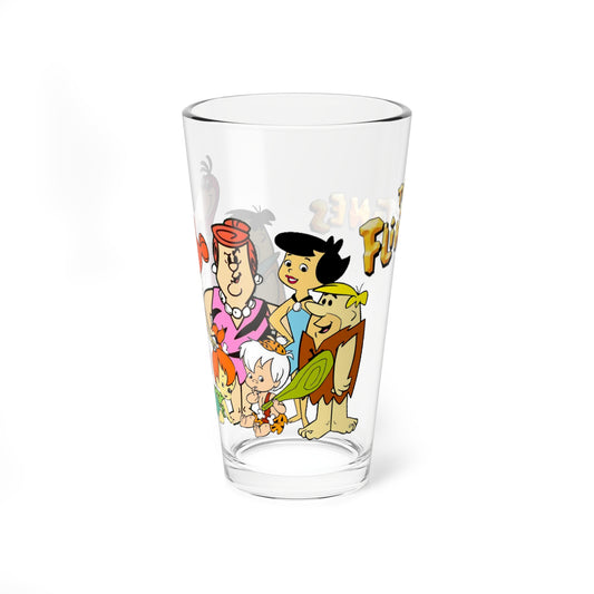 The Flintstones Pint Glass, 16oz - Fred & Wilma Flintstone, Betty & Barney Rubble, Pebbles & Bamm-Bamm, Pearl Slaghoople - Hanna-Barbera Cartoon