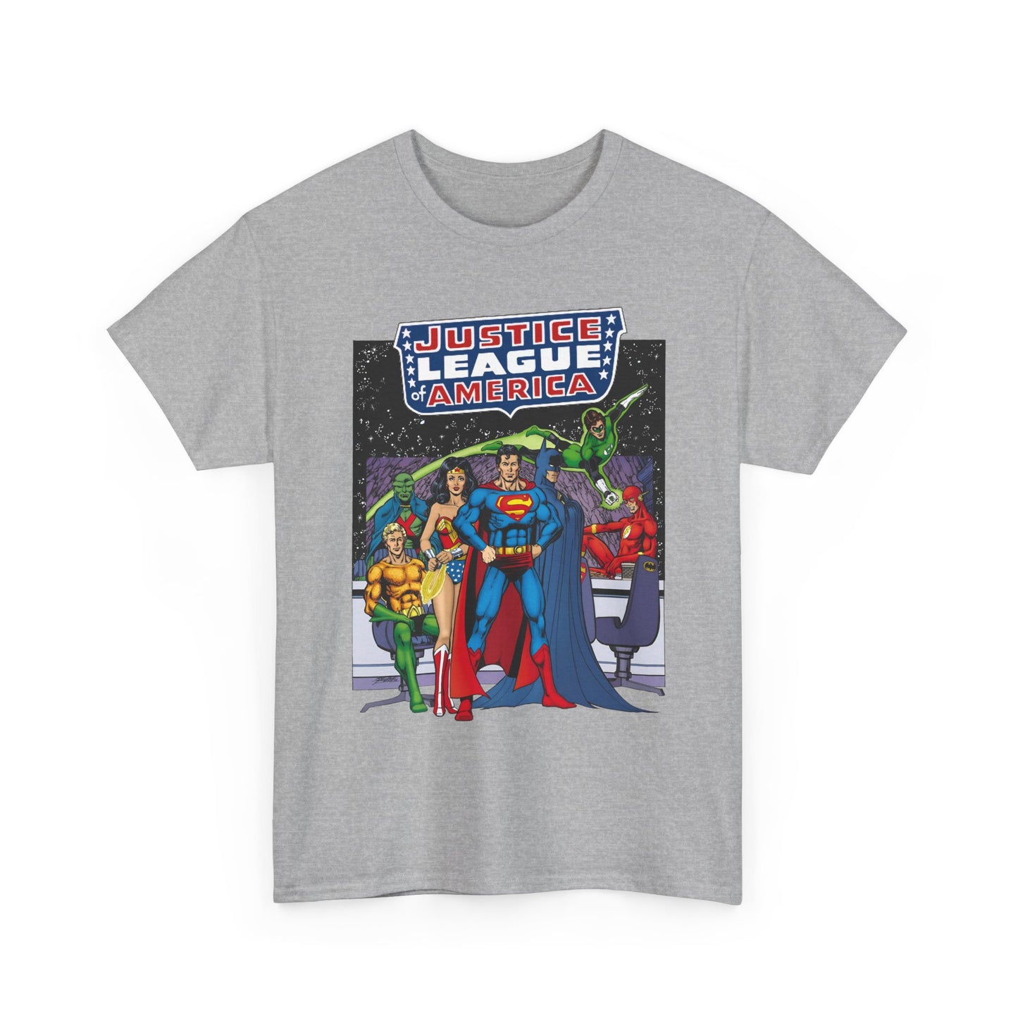 Justice League T-Shirt - George Perez Art - JLA Satellite Era - Superman, Wonder Woman, Green Lantern, Batman, Flash, Aquaman, Martian Manhunter - DC Comics