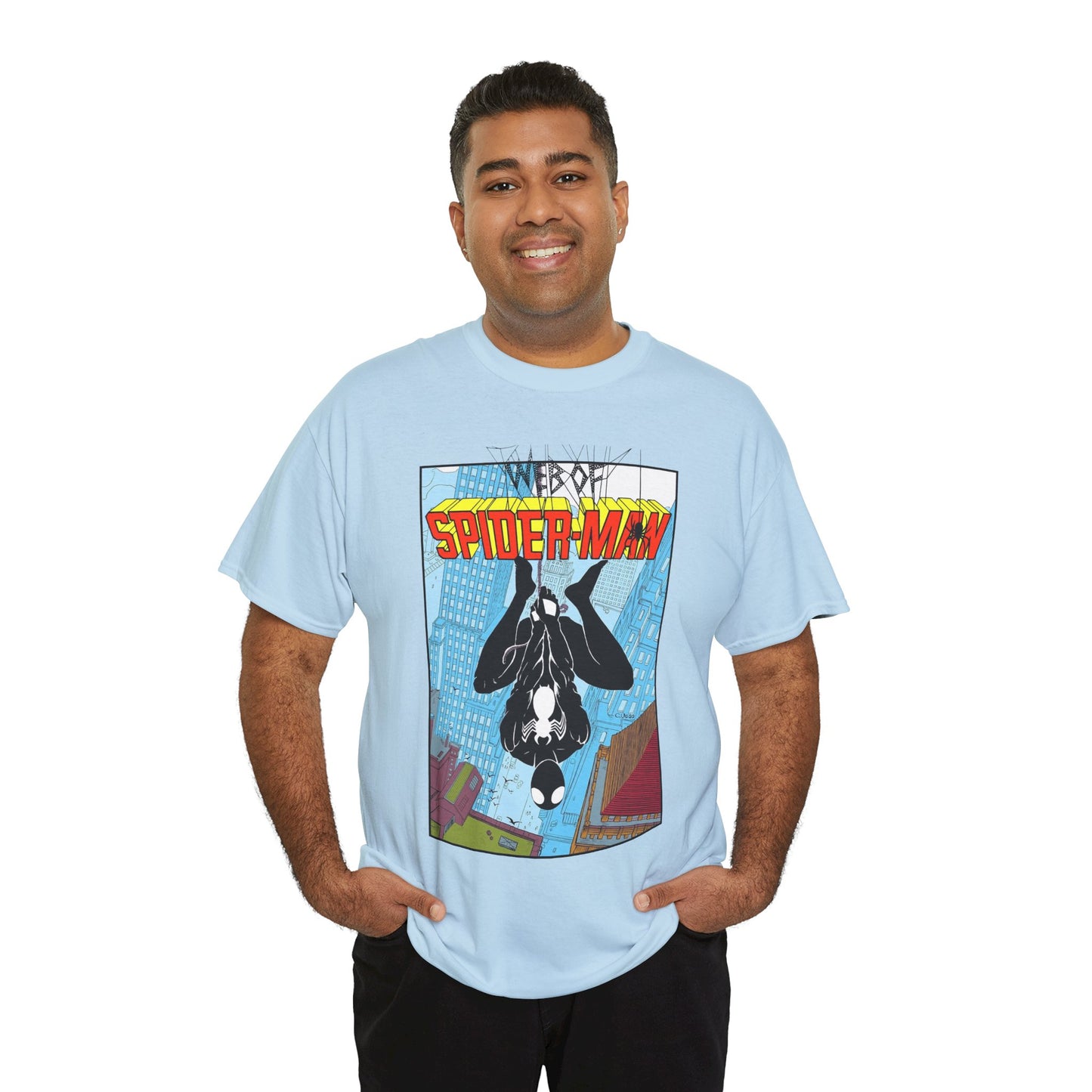 Web of Spider-Man T-Shirt - Charles Vess Art - Peter Parker, Web Slinger - Manhattan Skyline - Spidey Black Suit - Marvel Comics