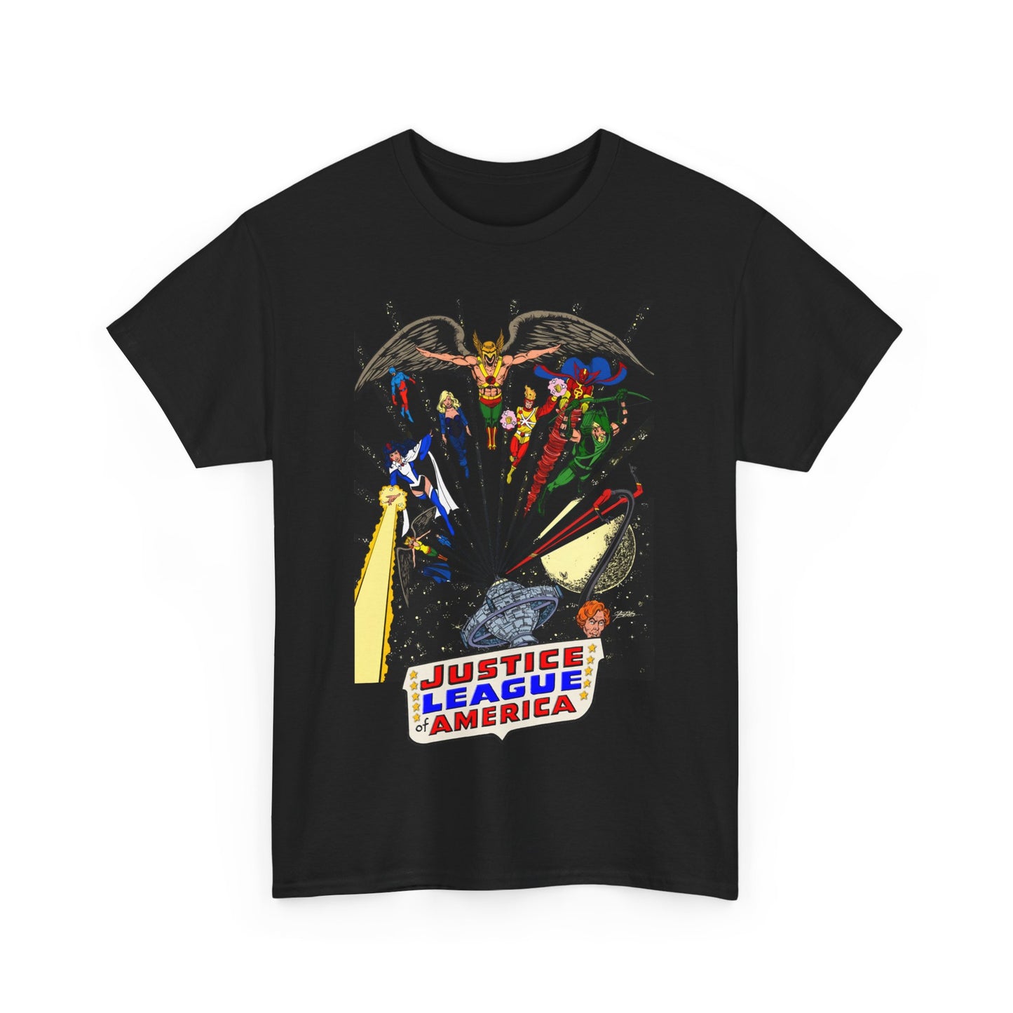 Justice League of America T-Shirt - George Perez Art - Bronze Age Satellite Era - DC Comics - Hawkman, Zatanna, Atom, Firestorm, Elongated Man, Green Arrow