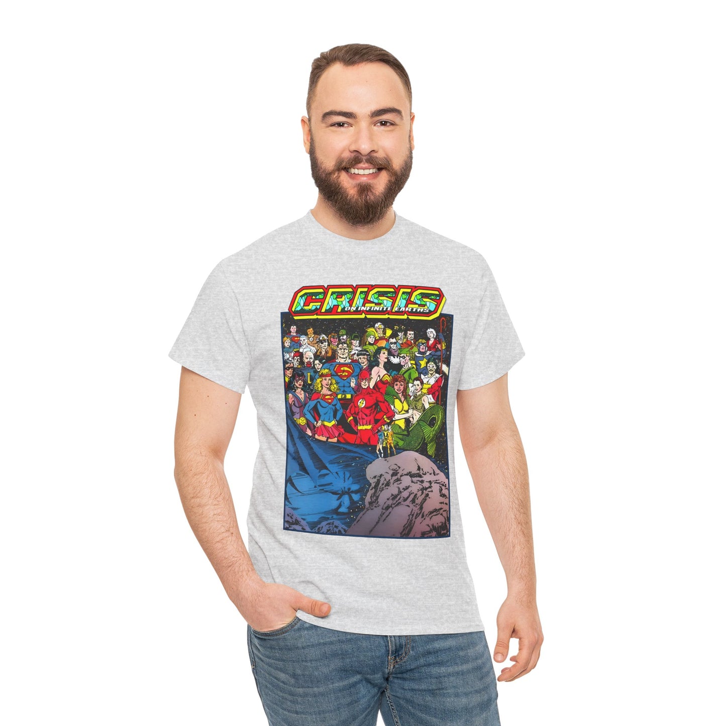 Crisis on Infinite Earths T-Shirt - George Perez Art - Supergirl, Flash, Huntress, Starman, Earth 3 Luthor, Lori Lemaris, Aquagirl, Earth 2 Robin - DC Comics