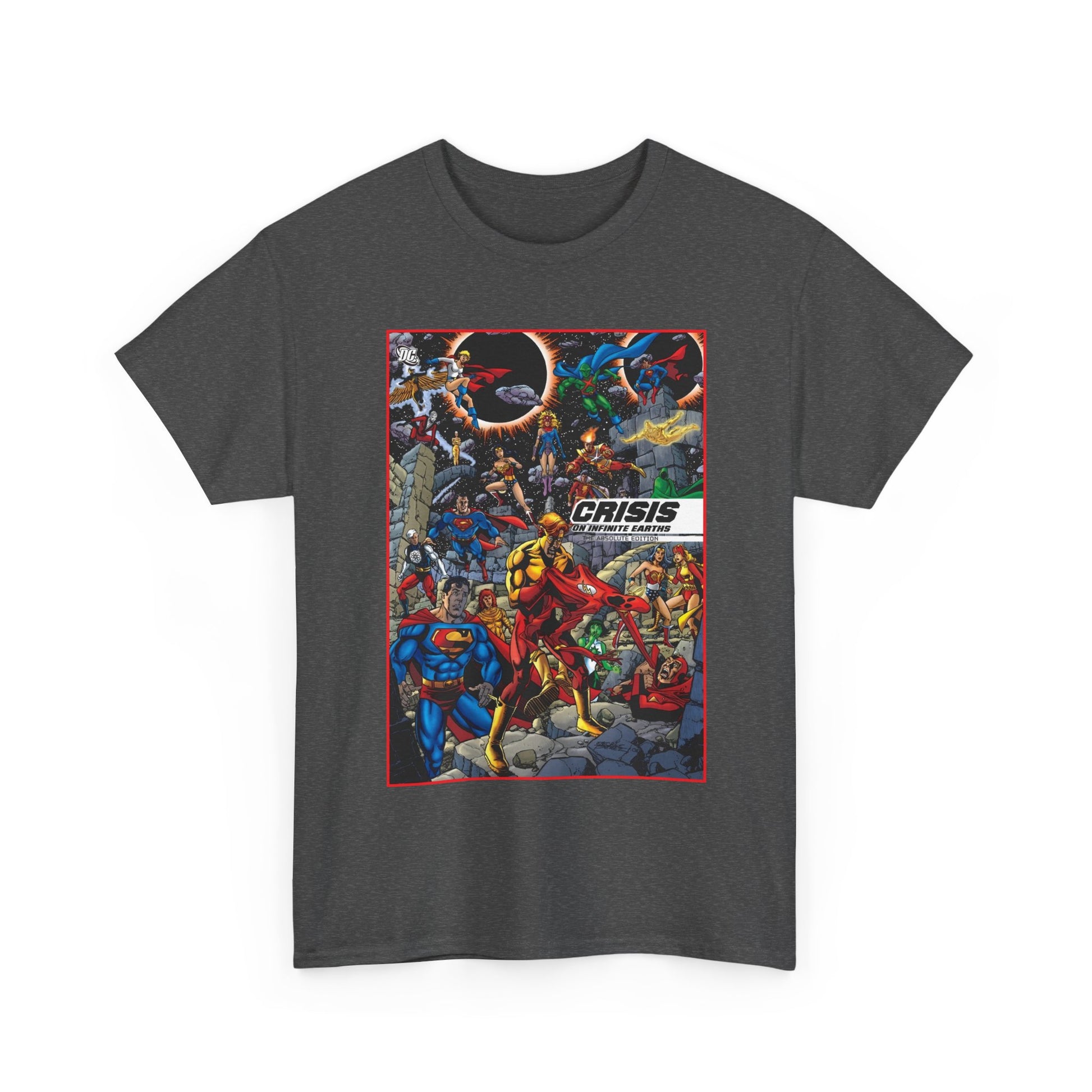 Dark gray t-shirt with superhero graphic design on a white background. Crisis on Infinite Earths