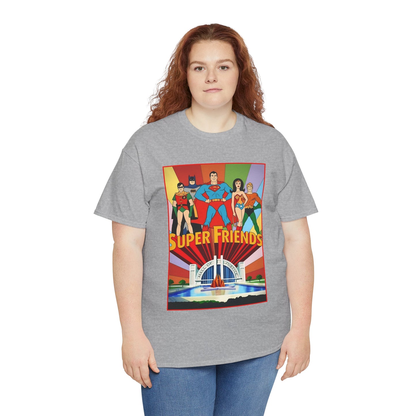 Super Friends T-Shirt - Batman, Superman, Wonder Woman, Robin - Hanna-Barbera Cartoon - DC Comics - Hall of Justice