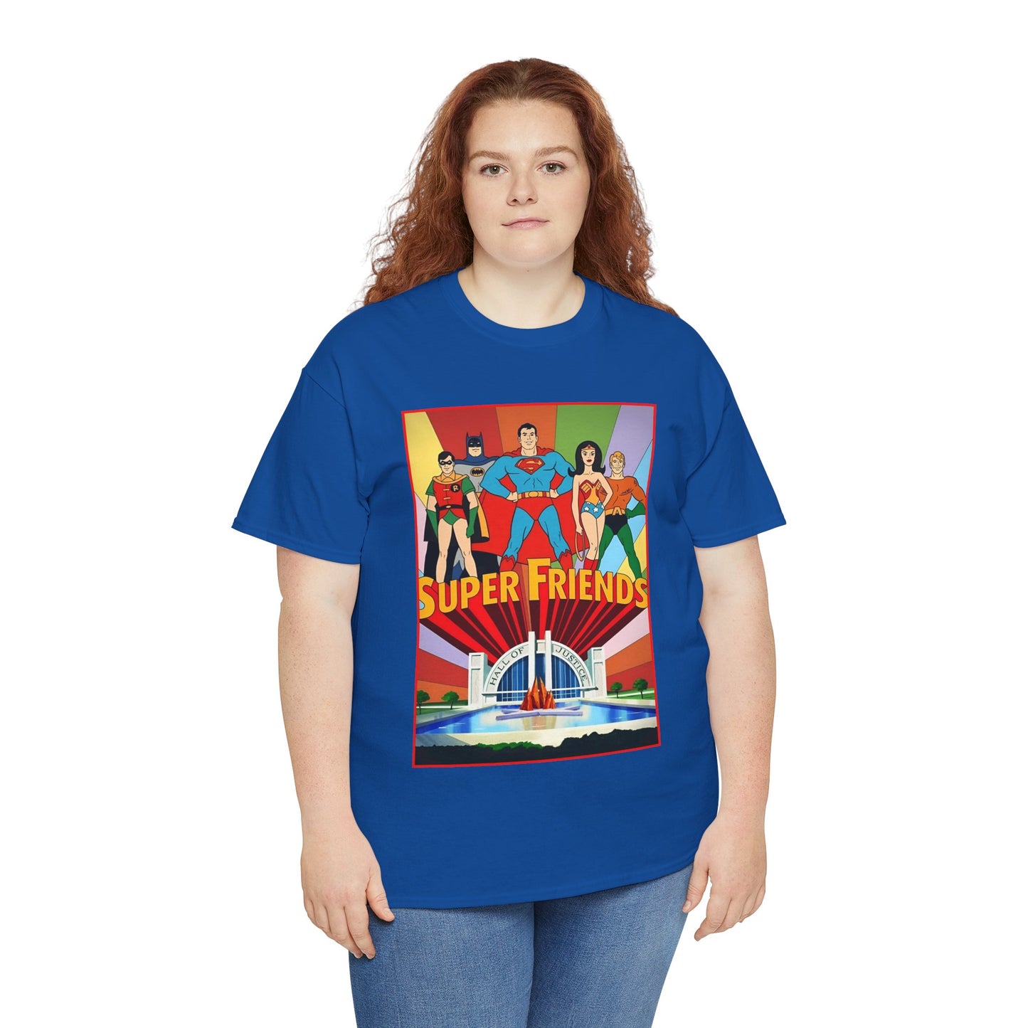 Super Friends T-Shirt - Batman, Superman, Wonder Woman, Robin - Hanna-Barbera Cartoon - DC Comics - Hall of Justice