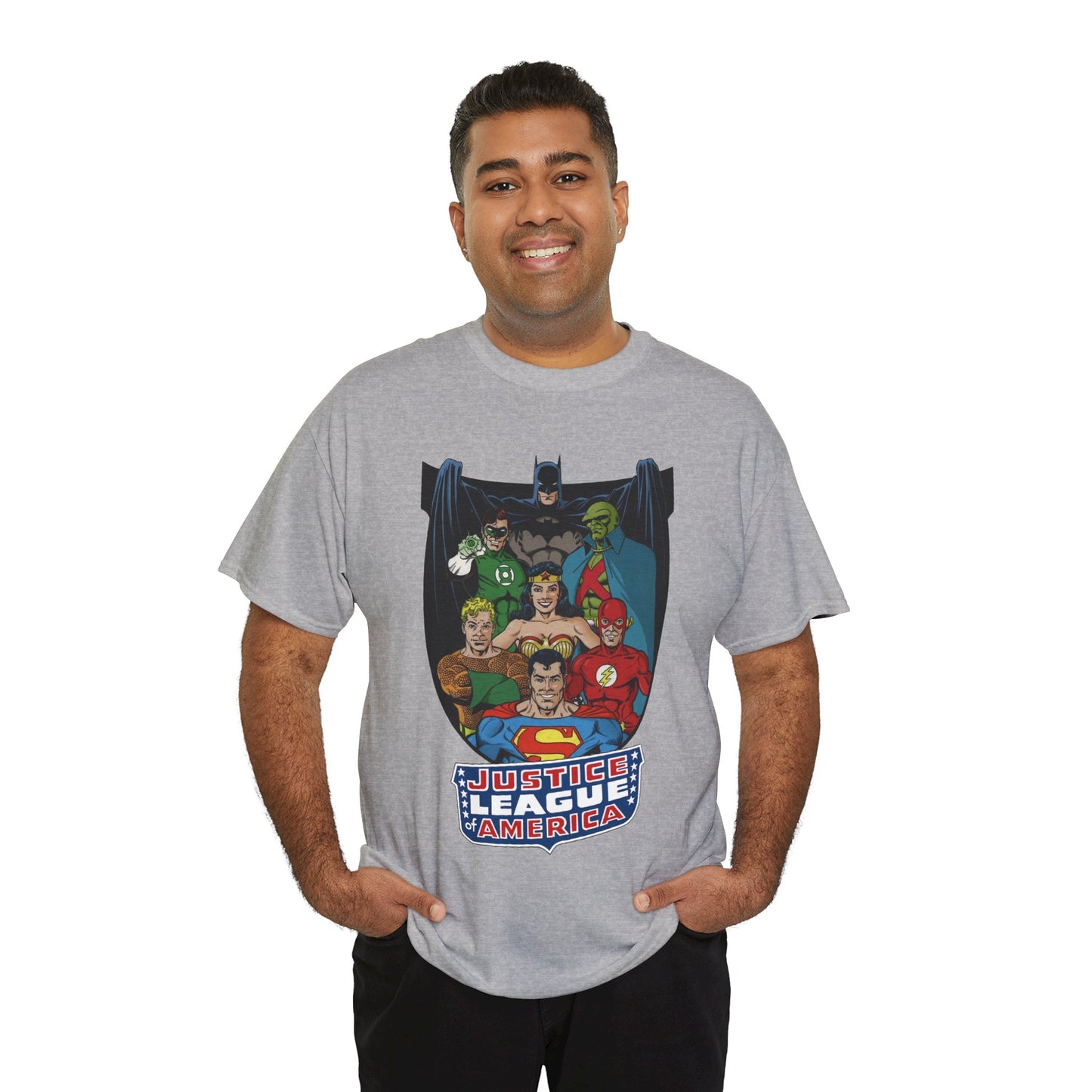 Justice League of America T-Shirt - George Perez Art - Superman, Wonder Woman, Batman, Aquaman, Martian Manhunter, Flash, Green Lantern - DC Comics