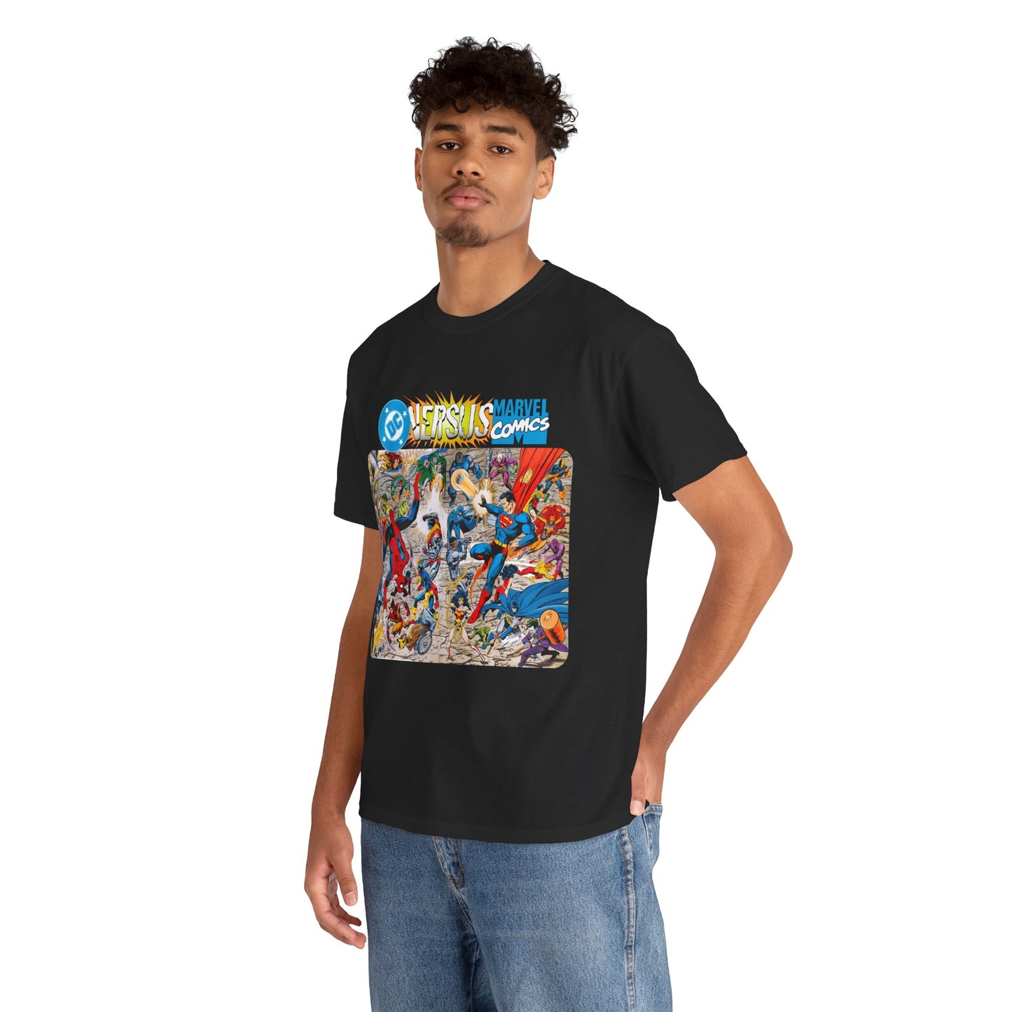 DC Comics Vs Marvel T-Shirt - John Byrne Art - Spider-Man, Raven, Cyborg, Wolverine, Joker, Superman, Batman, Deathstroke, Darkseid