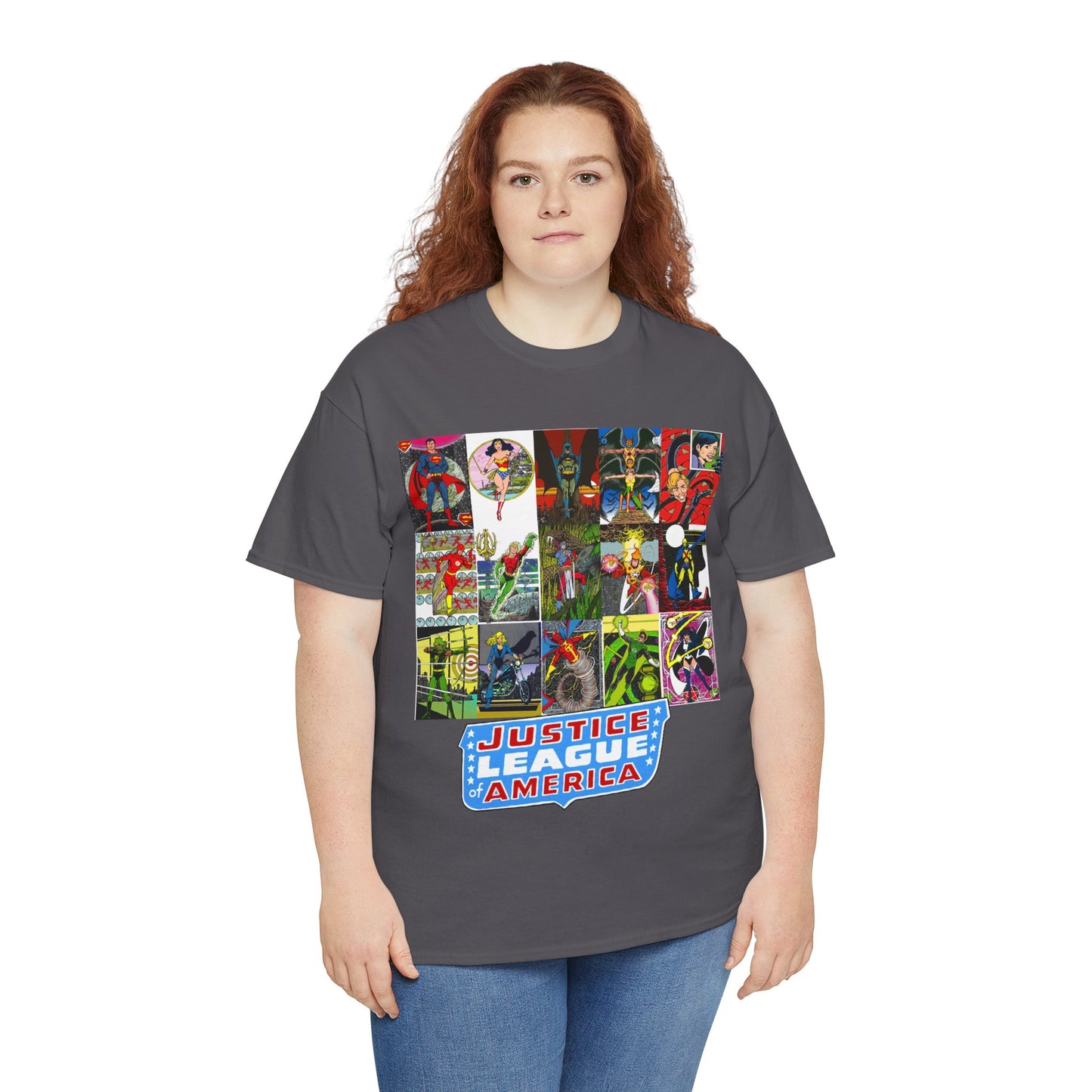 JLA Postcard T-Shirt - George Perez Art - Zatanna, Green Lantern, Flash, Batman, Hawkman, Wonder Woman, Firestorm - Justice League of America - DC Comics