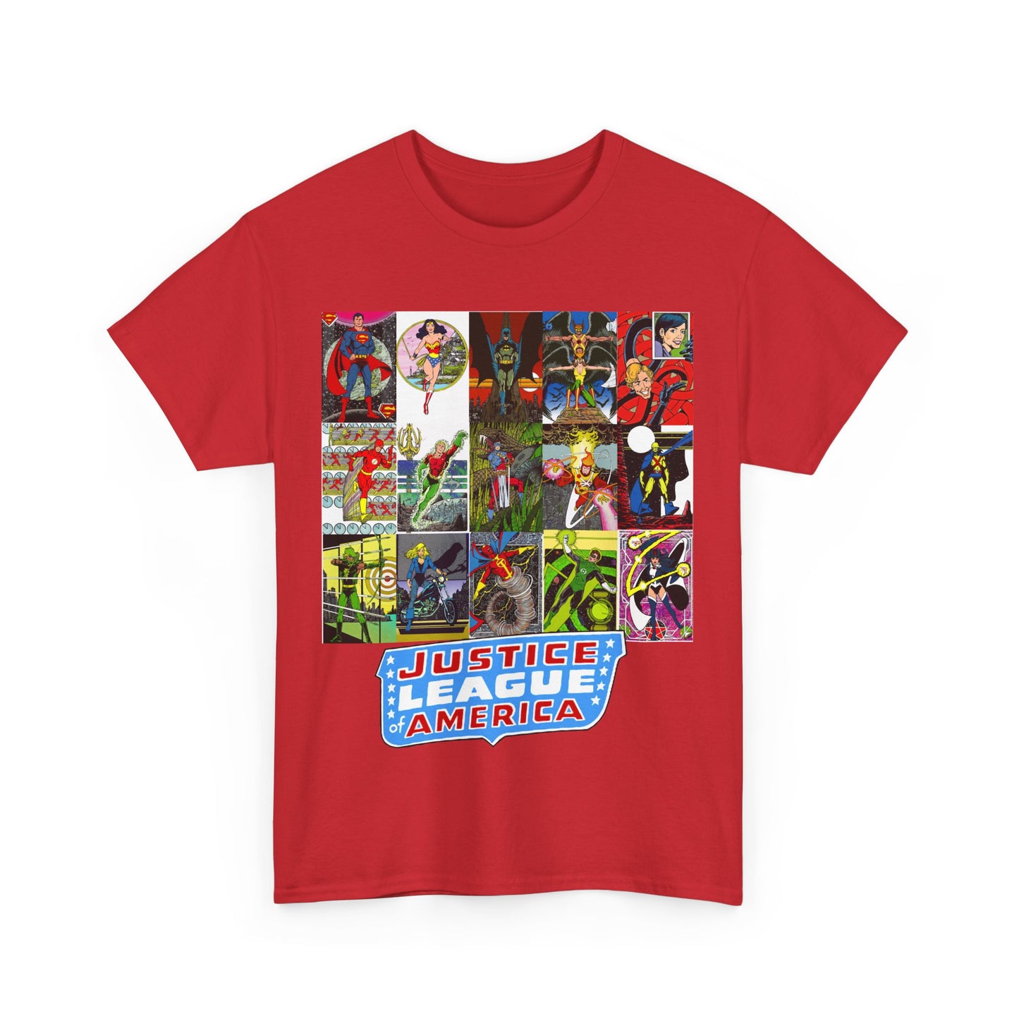 JLA Postcard T-Shirt - George Perez Art - Zatanna, Green Lantern, Flash, Batman, Hawkman, Wonder Woman, Firestorm - Justice League of America - DC Comics