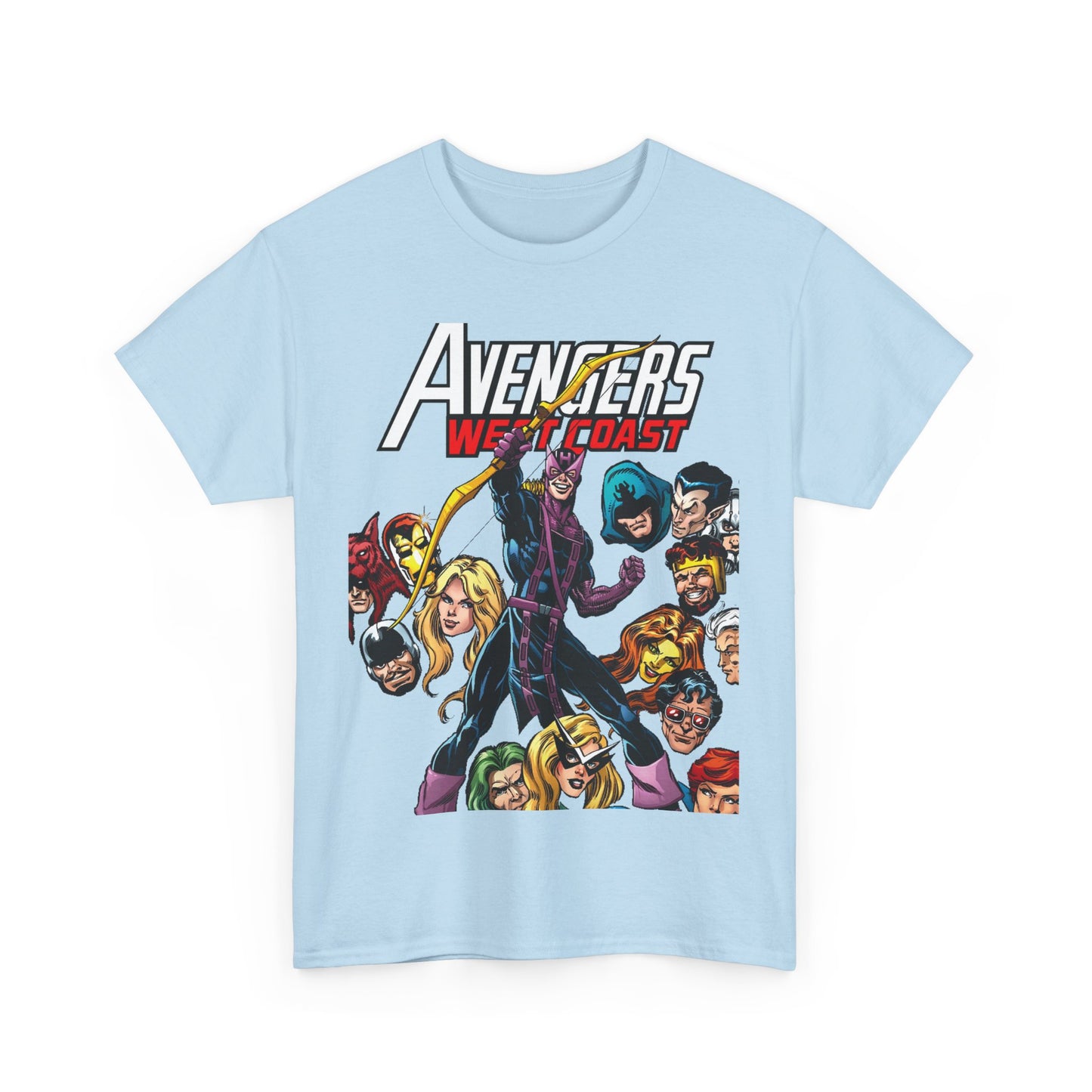 Avengers West Coast T-Shirt - Bob Hall Art - Hawkeye, Iron Man, Wonder Man, Tigra, Mockingbird - Marvel Comics Team