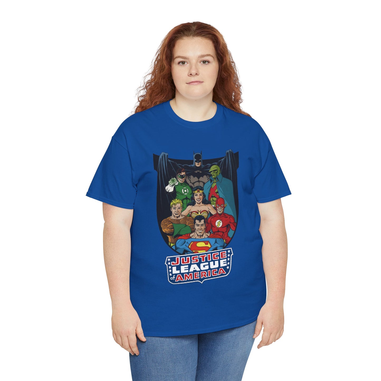 Justice League of America T-Shirt - George Perez Art - Superman, Wonder Woman, Batman, Aquaman, Martian Manhunter, Flash, Green Lantern - DC Comics