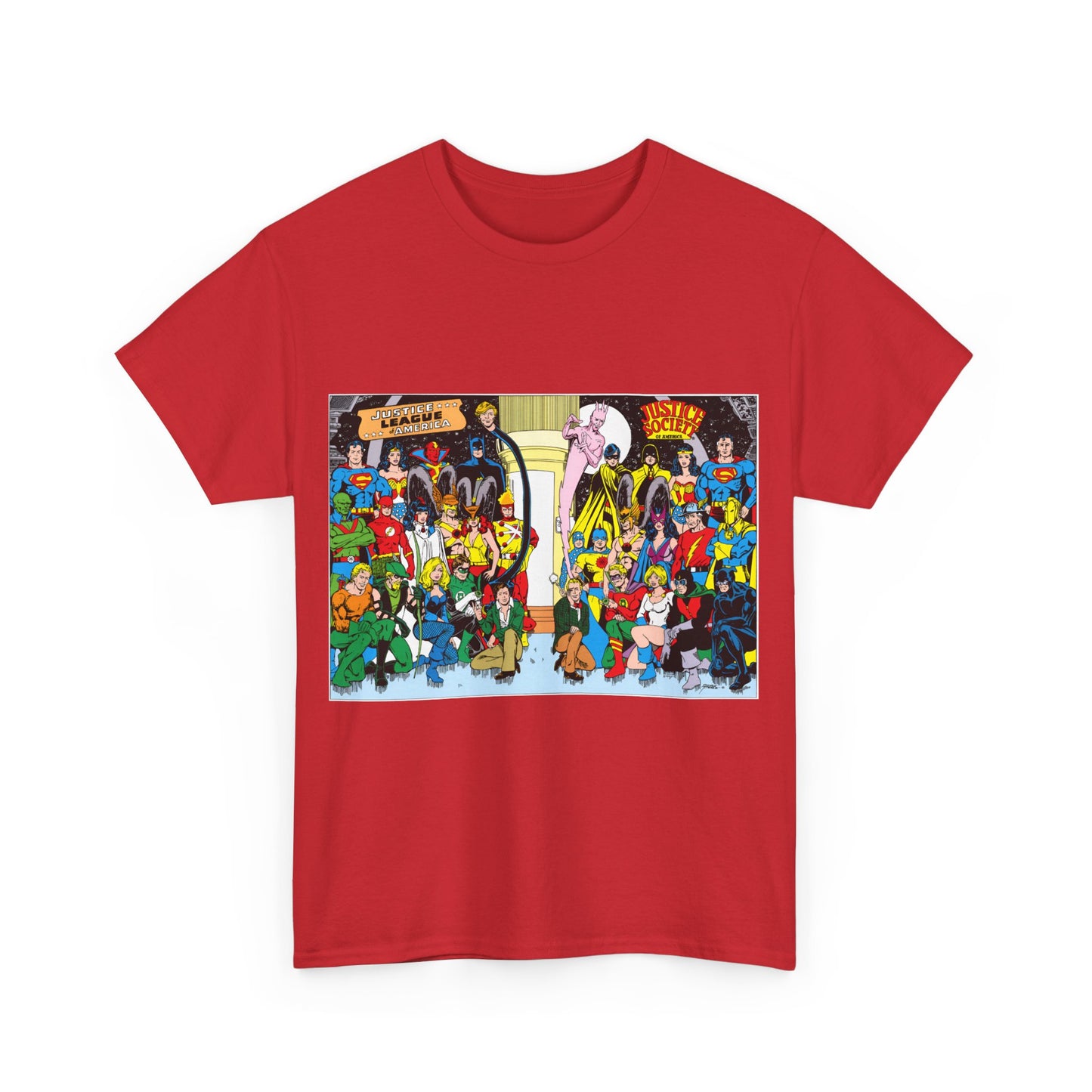 JLA & JSA T-Shirt - George Perez Art - Justice League, Society Team-up - Batman, Wildcat, Dr Fate, Hourman, Firestorm, Superman