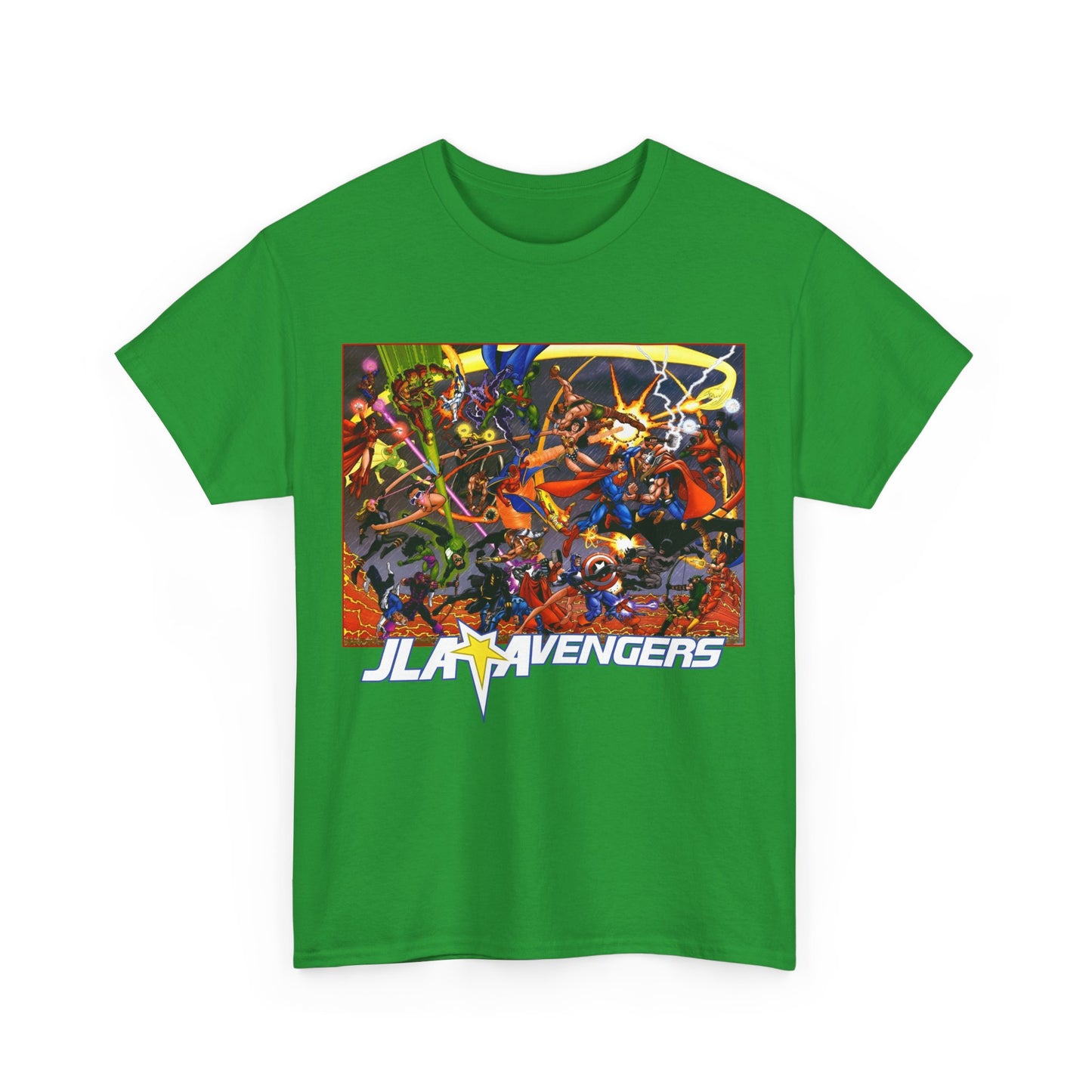 Avengers Vs JLA T-Shirt - Stunning George Perez Art - Marvel & DC Comics Crossover - Thor, Superman, Wonder Woman, Hercules, Iron Man, Batman, Black Canary, Scarlet Witch, Wonder Man, Martian Manhunter