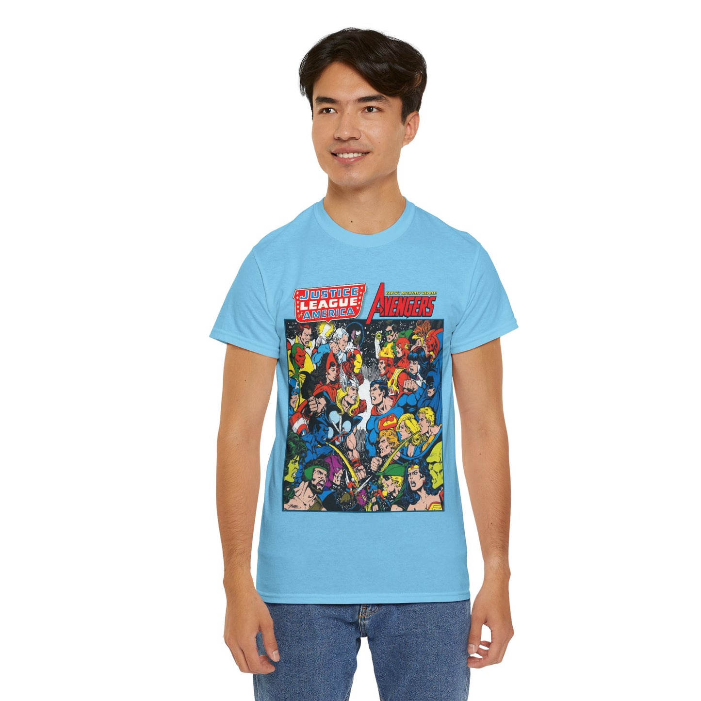 Justice League/Avengers T-Shirt - DC & Marvel Comics Art - George Perez - JLA - Batman, Captain America, Iron Man, Green Lantern
