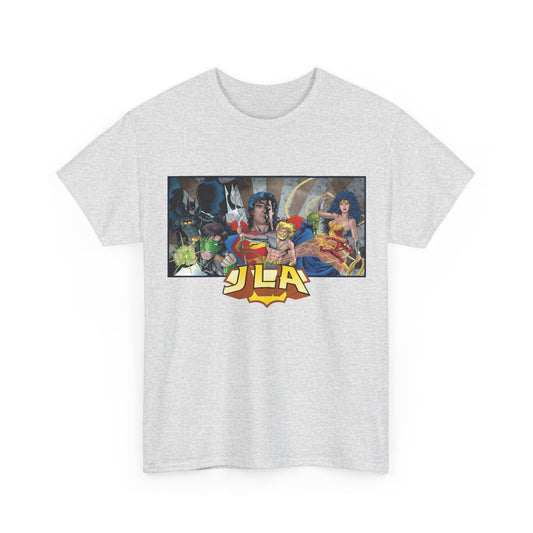 Justice League T-Shirt - Kevin Maguire Art - Superman, Wonder Woman, Batman, Flash, Aquaman, Martian Manhunter, Green Lantern - 90s Lineup - DC Comics