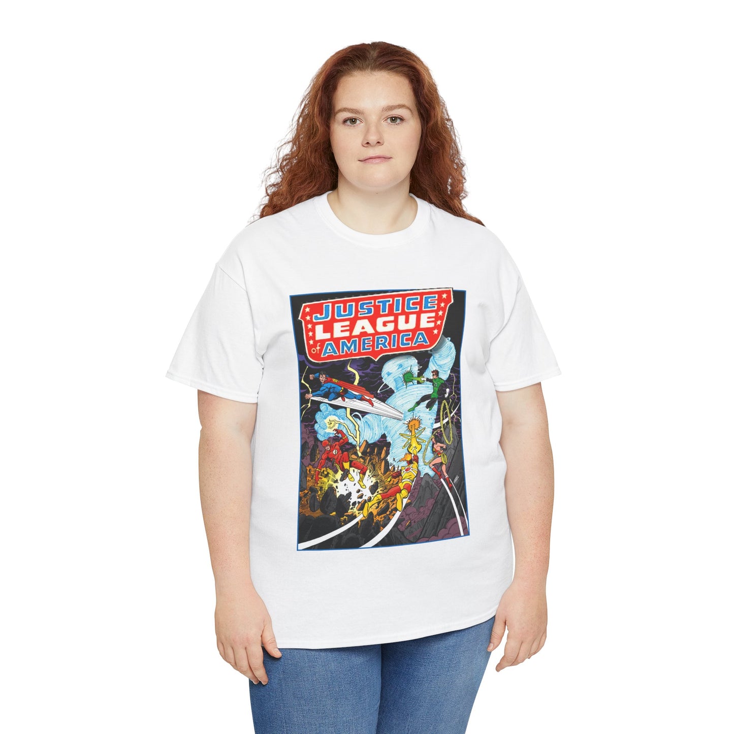 Justice League T-Shirt - George Perez Art - Tornado Tyrant - Superman, Firestorm, Flash, Wonder Woman, Green Lantern - DC Comics