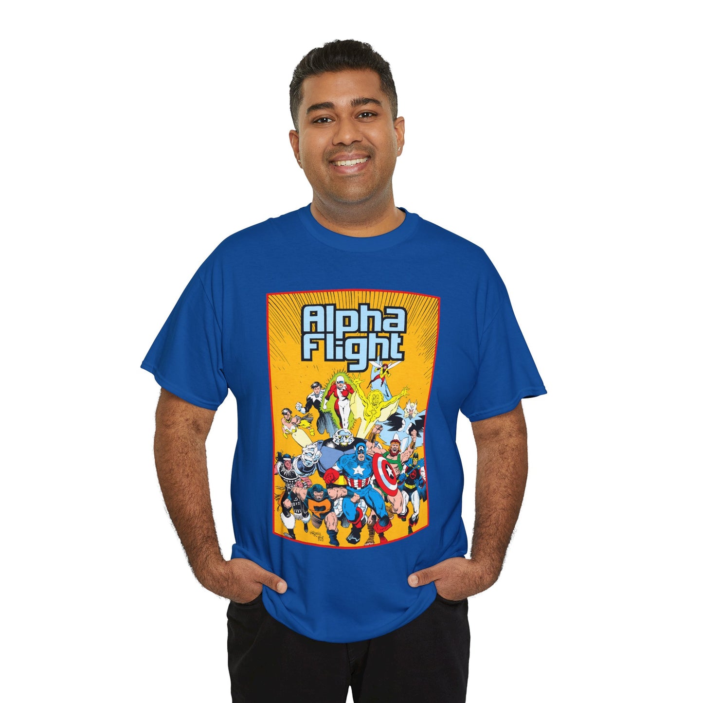 Alpha Flight T-Shirt - Mike Mignola Art - Northstar, Aurora, Snowbird, Shaman, Puck - Avengers: Captain America, Captain Marvel, Hercules, Black Knight - Marvel Comics