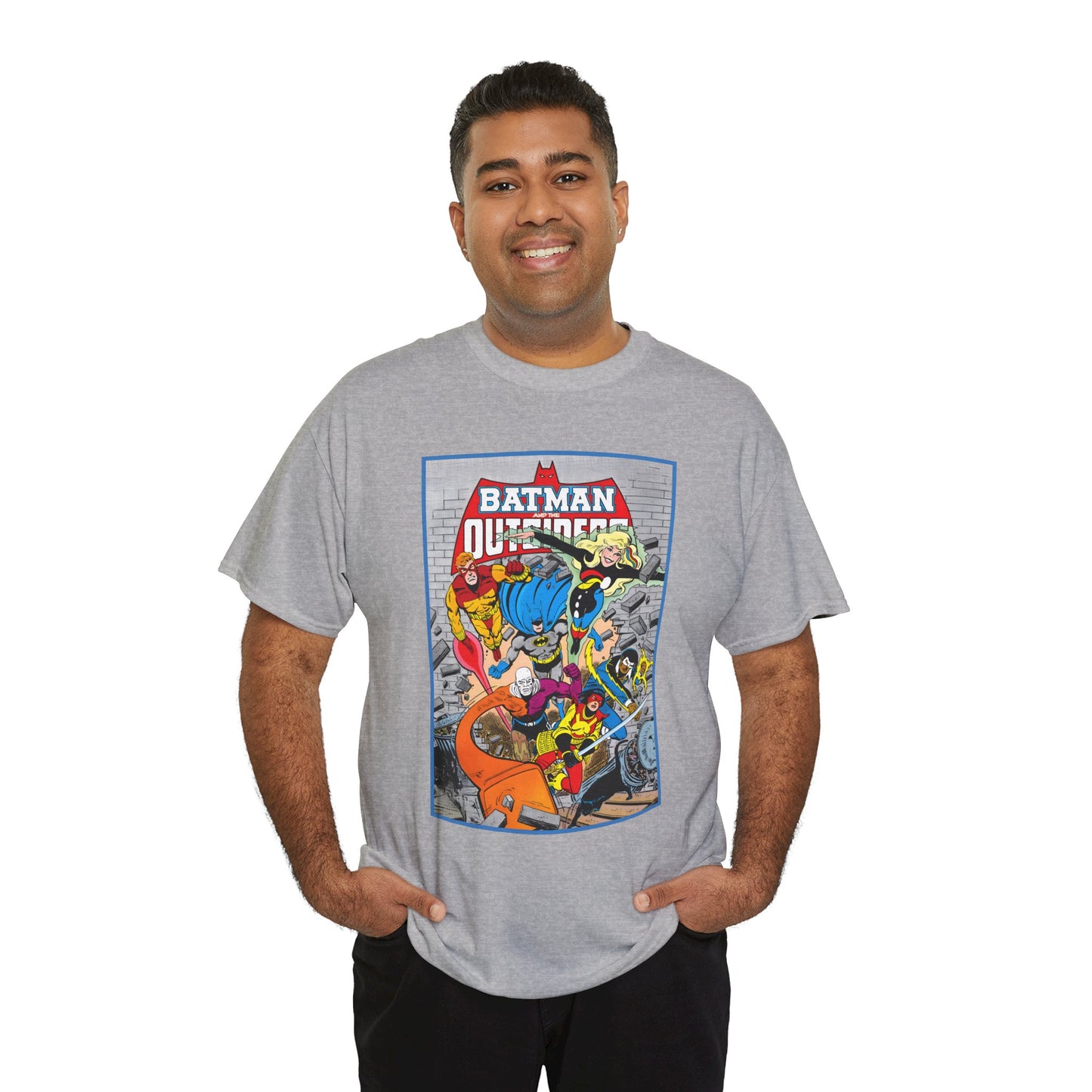 Batman & the Outsiders T-Shirt - Jim Aparo Art - Katana, Geo-Force, Black Lightning, Metamorpho, Halo - DC Comics - 1980s JLA Spin-Off Series