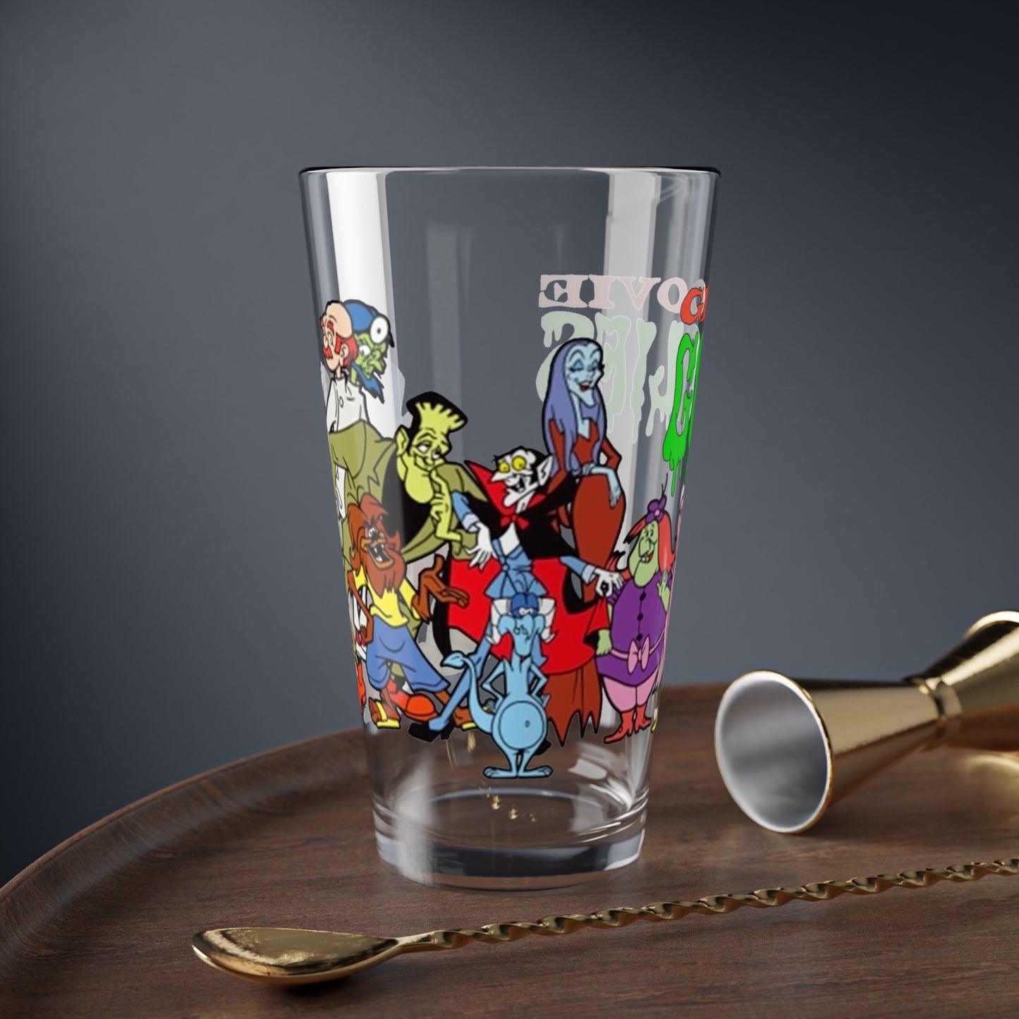 Groovie Goolies Pint Glass, 16oz - The Monster Trio (Drac, Frankie, Wolfie) - Hagatha, Bella La Ghostly, Boneapart, Mummy - Horrible Hall on Horrible Drive - Filmation Cartoon