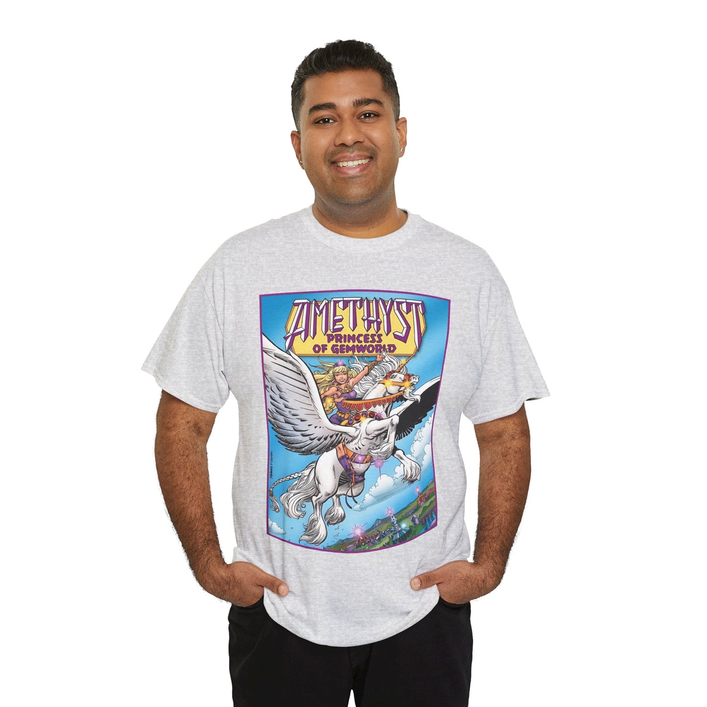 Amethyst Princess of Gemworld T-Shirt - George Perez Art - DC Comics 1980s Series - Riding a Unicorn