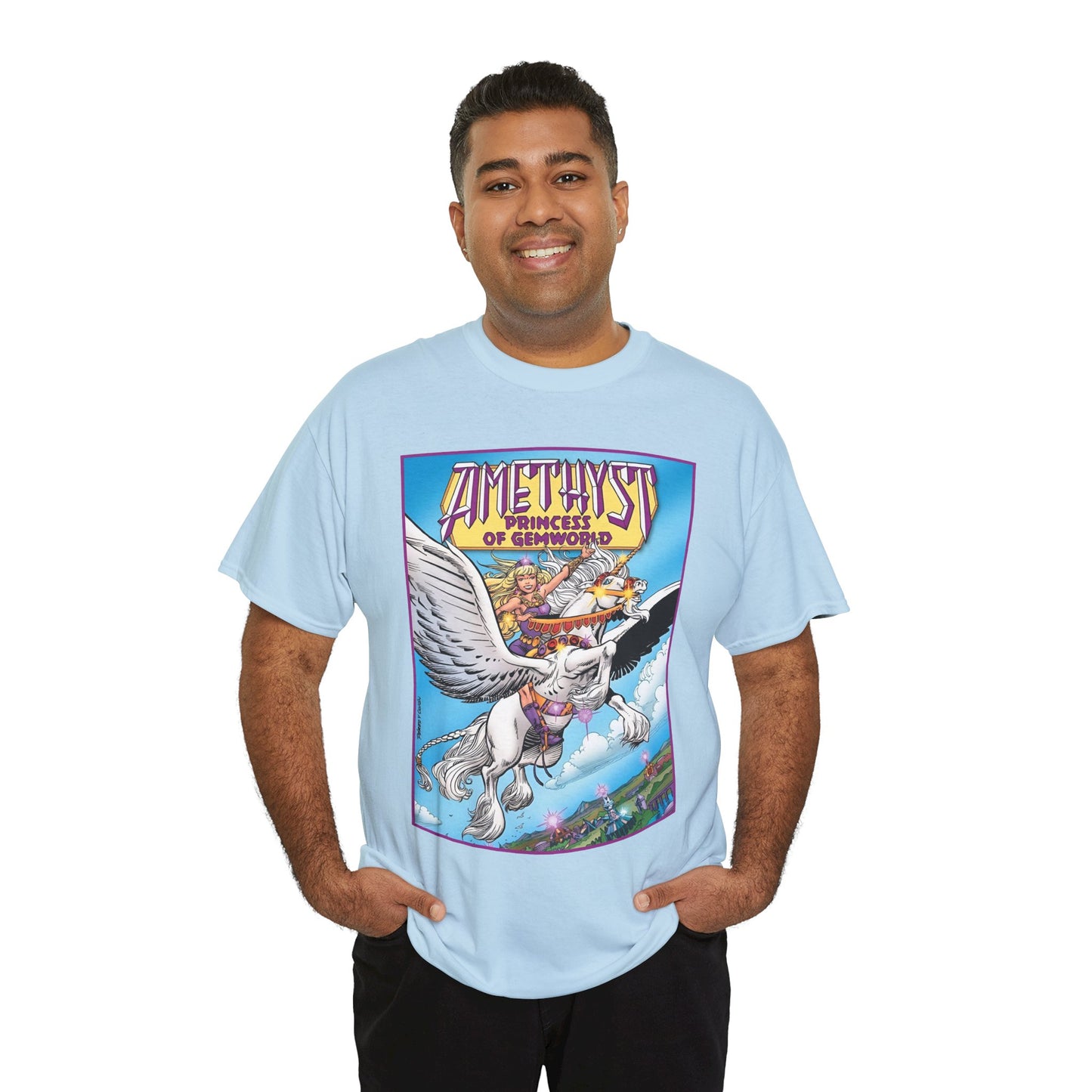 Amethyst Princess of Gemworld T-Shirt - George Perez Art - DC Comics 1980s Series - Riding a Unicorn
