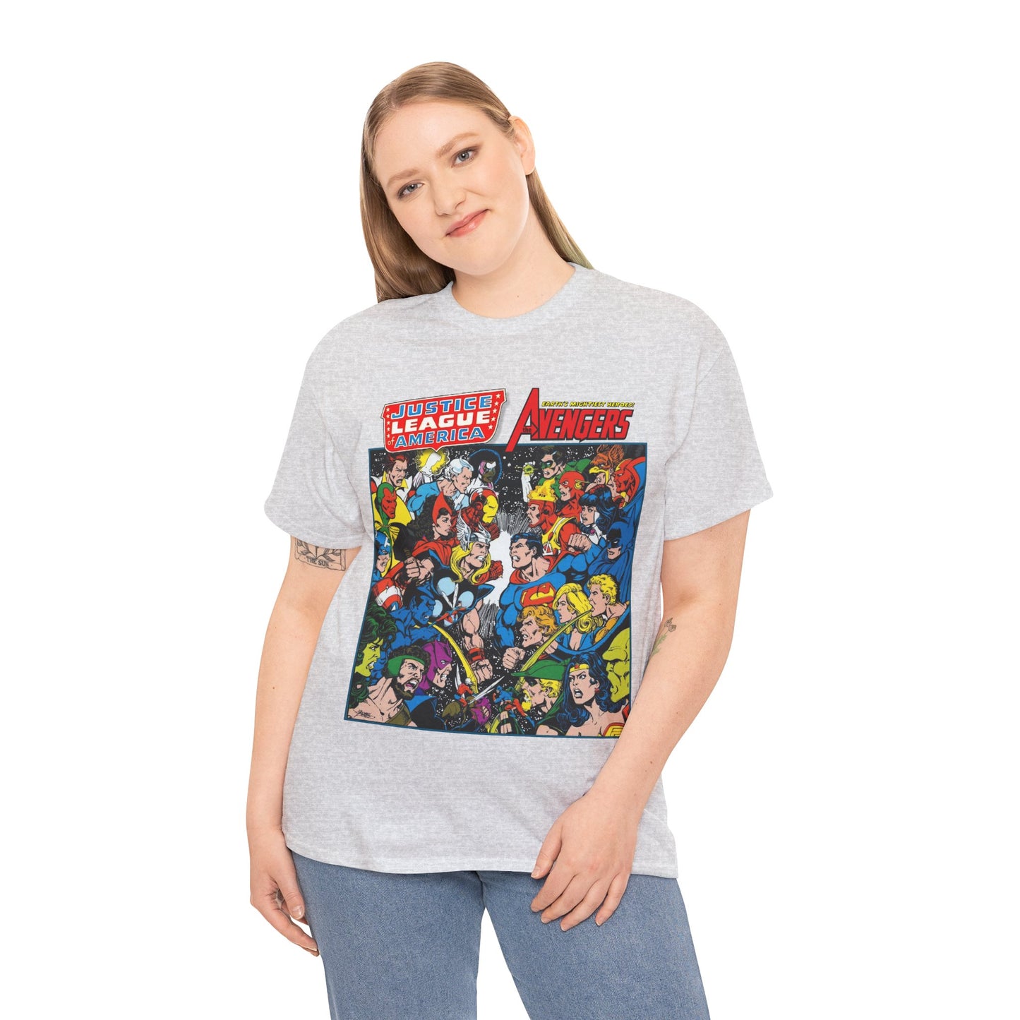 Justice League/Avengers T-Shirt - DC & Marvel Comics Art - George Perez - JLA - Batman, Captain America, Iron Man, Green Lantern