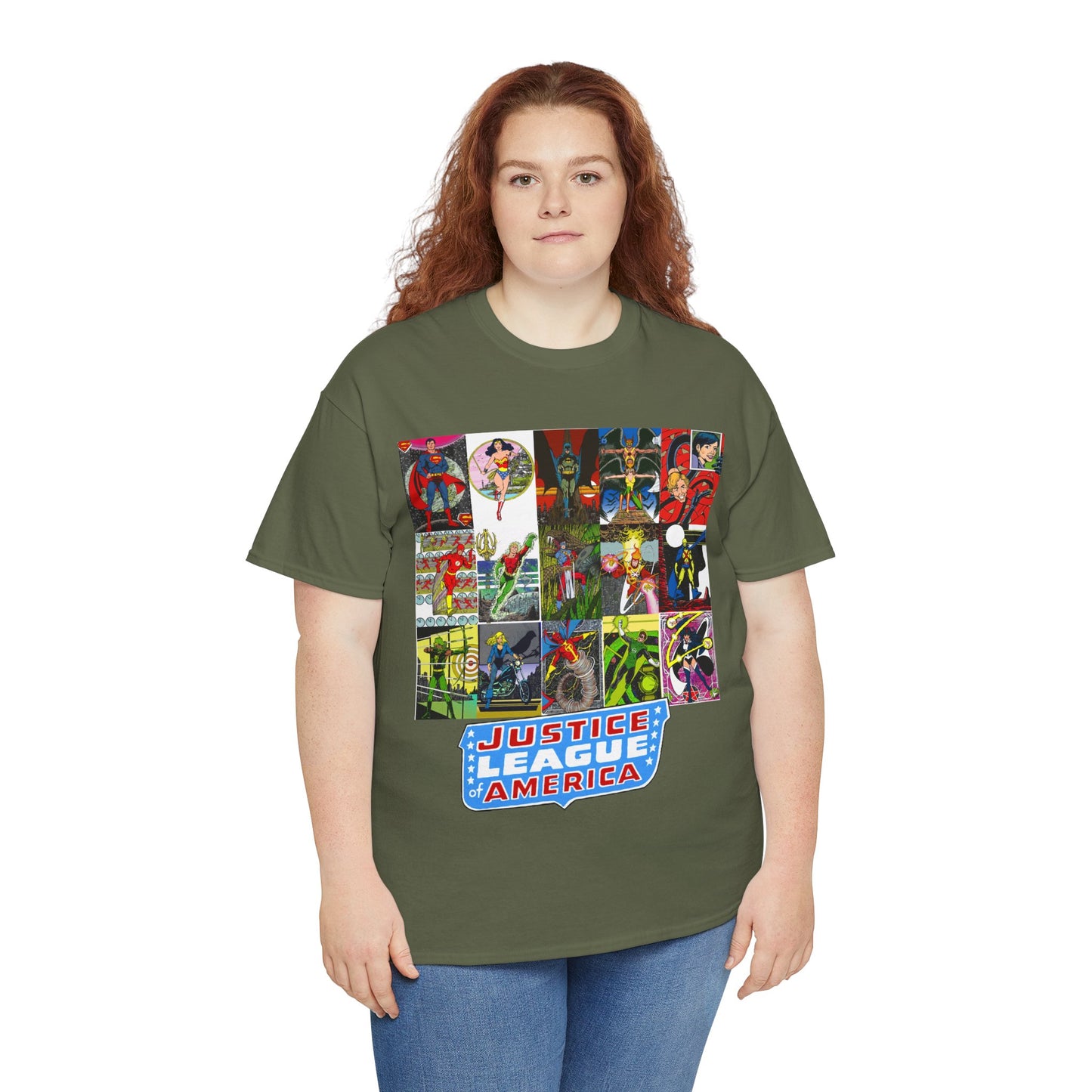 JLA Postcard T-Shirt - George Perez Art - Zatanna, Green Lantern, Flash, Batman, Hawkman, Wonder Woman, Firestorm - Justice League of America - DC Comics