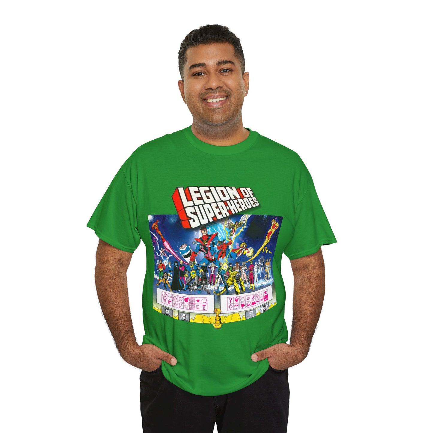 Legion of Super-Heroes T-Shirt - Gorgeous George Perez Art - History of the DC Universe - Lightning Lad, Timber Wolf, Wildfire, Sun Boy, Chamelon Boy - DC Comics