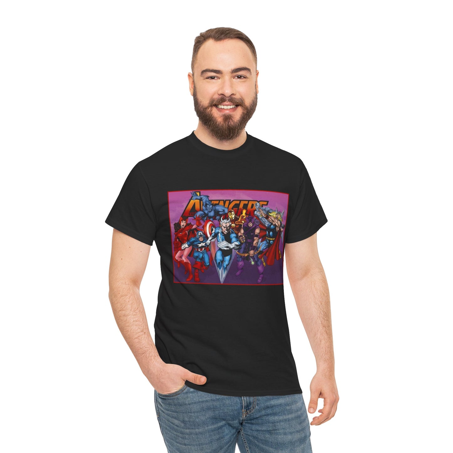 Avengers T-Shirt - John Byrne Art - Captain America, Quicksilver, Scarlet Witch, Beast, Iron Man, Thor, Hawkeye - Marvel Comics