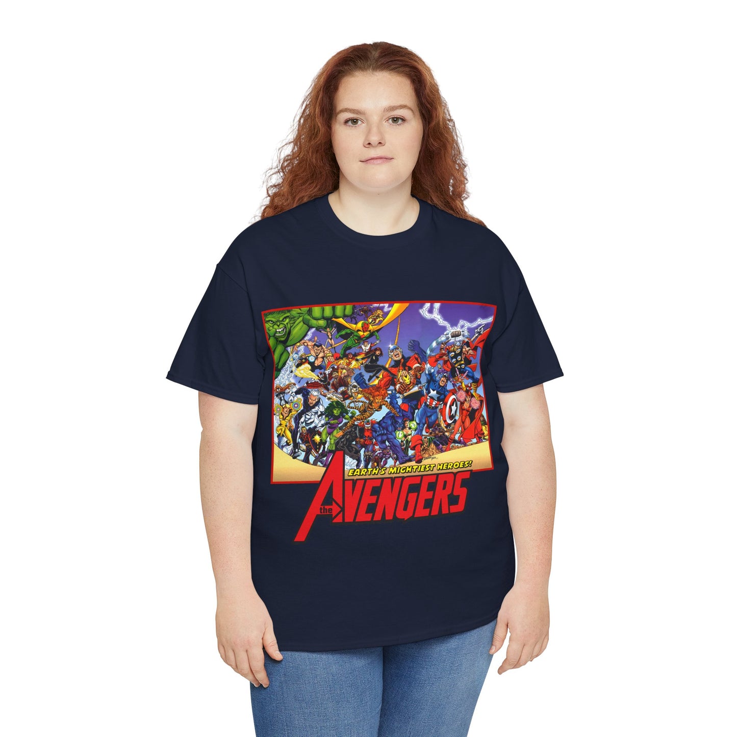 Avengers T-Shirt - George Perez Art - Marvel Comics - Captain America, Iron Man, Thor, She-Hulk, Hawkeye, Vision, Quicksilver - Classic Cover