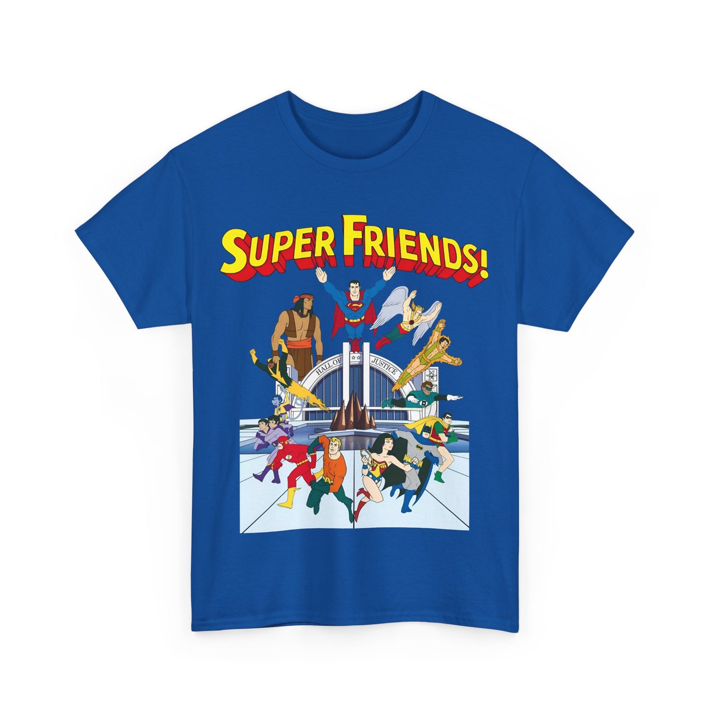 Super Friends T-Shirt - DC Hanna-Barbera - Superman, Wonder Woman, Black Vulcan, Batman, The Wonder Twins, Apache Chief, Hall of Justice
