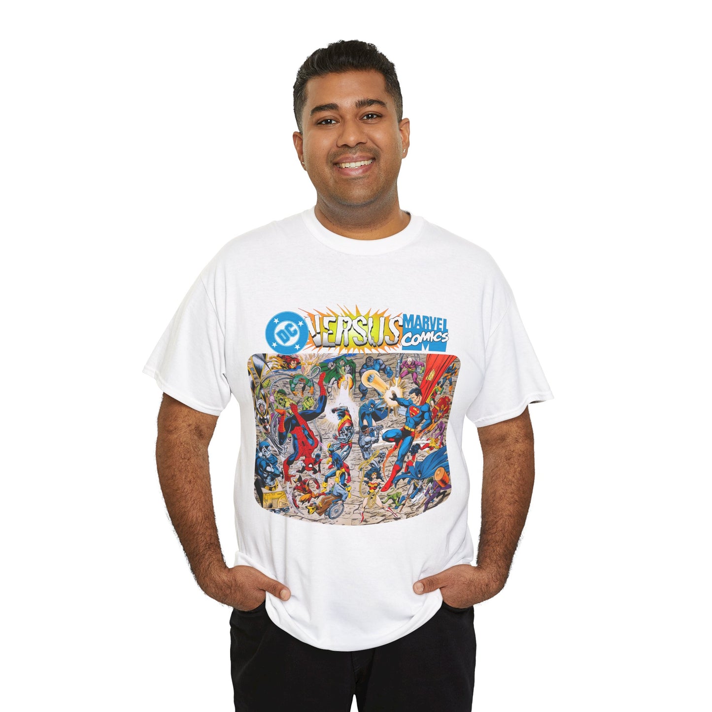 DC Comics Vs Marvel T-Shirt - John Byrne Art - Spider-Man, Raven, Cyborg, Wolverine, Joker, Superman, Batman, Deathstroke, Darkseid