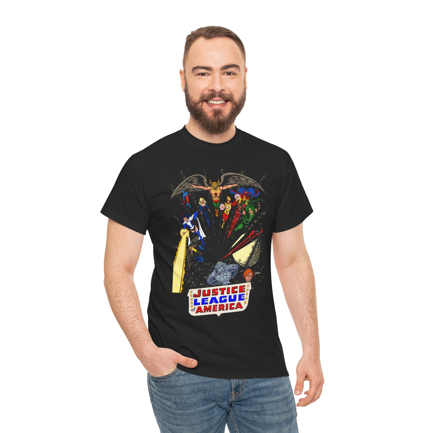 Justice League of America T-Shirt - George Perez Art - Bronze Age Satellite Era - DC Comics - Hawkman, Zatanna, Atom, Firestorm, Elongated Man, Green Arrow
