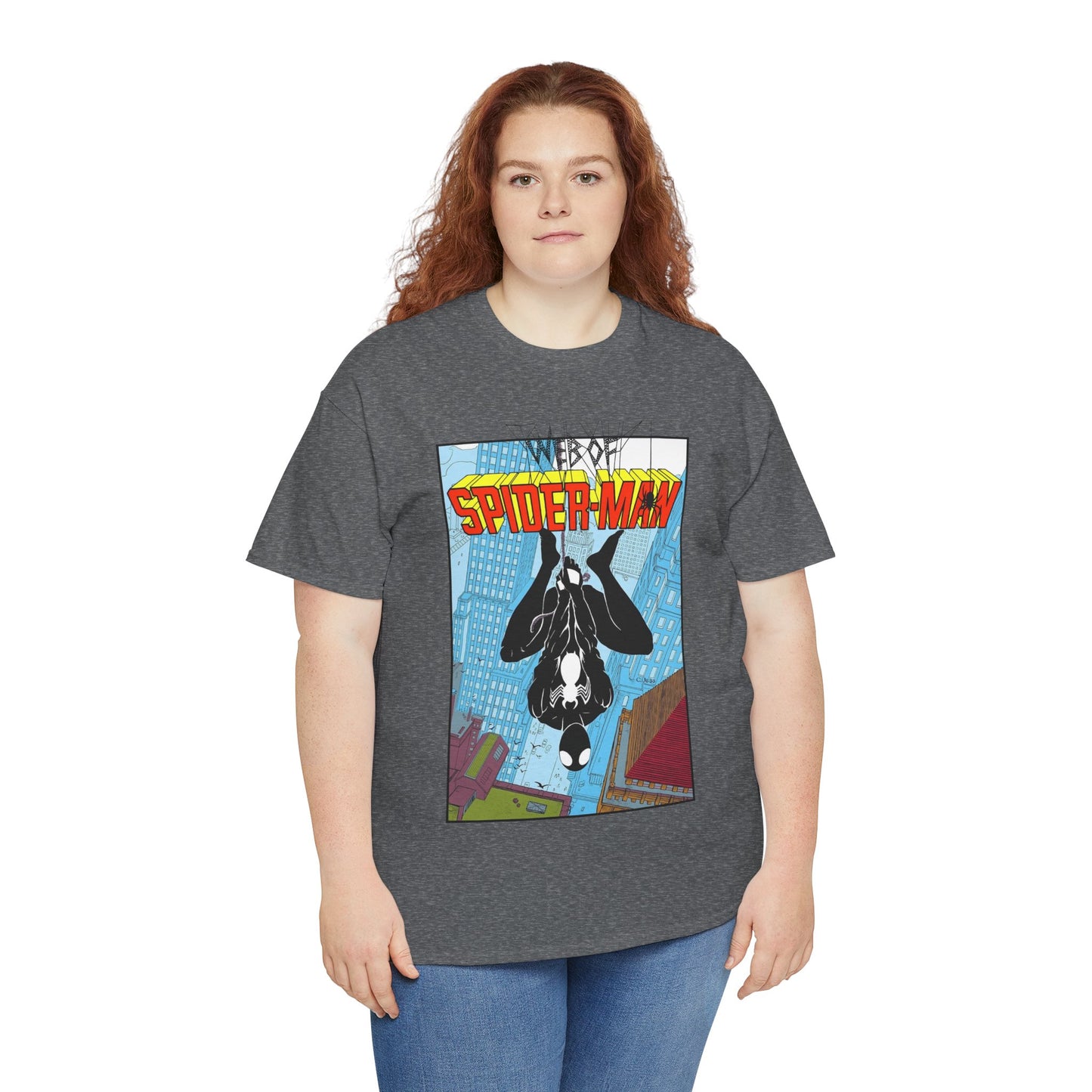 Web of Spider-Man T-Shirt - Charles Vess Art - Peter Parker, Web Slinger - Manhattan Skyline - Spidey Black Suit - Marvel Comics