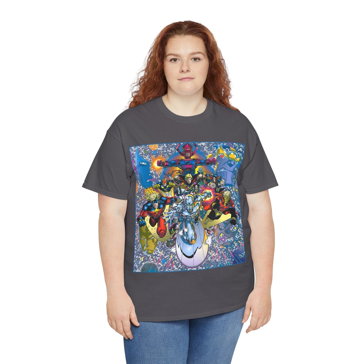 Marvel Cosmic Heroes T-Shirt - Silver Surfer, Captain Marvel, Adam Warlock, Quasar, Nova, Galactus, Jack of Hearts, Moondragon, Thanos